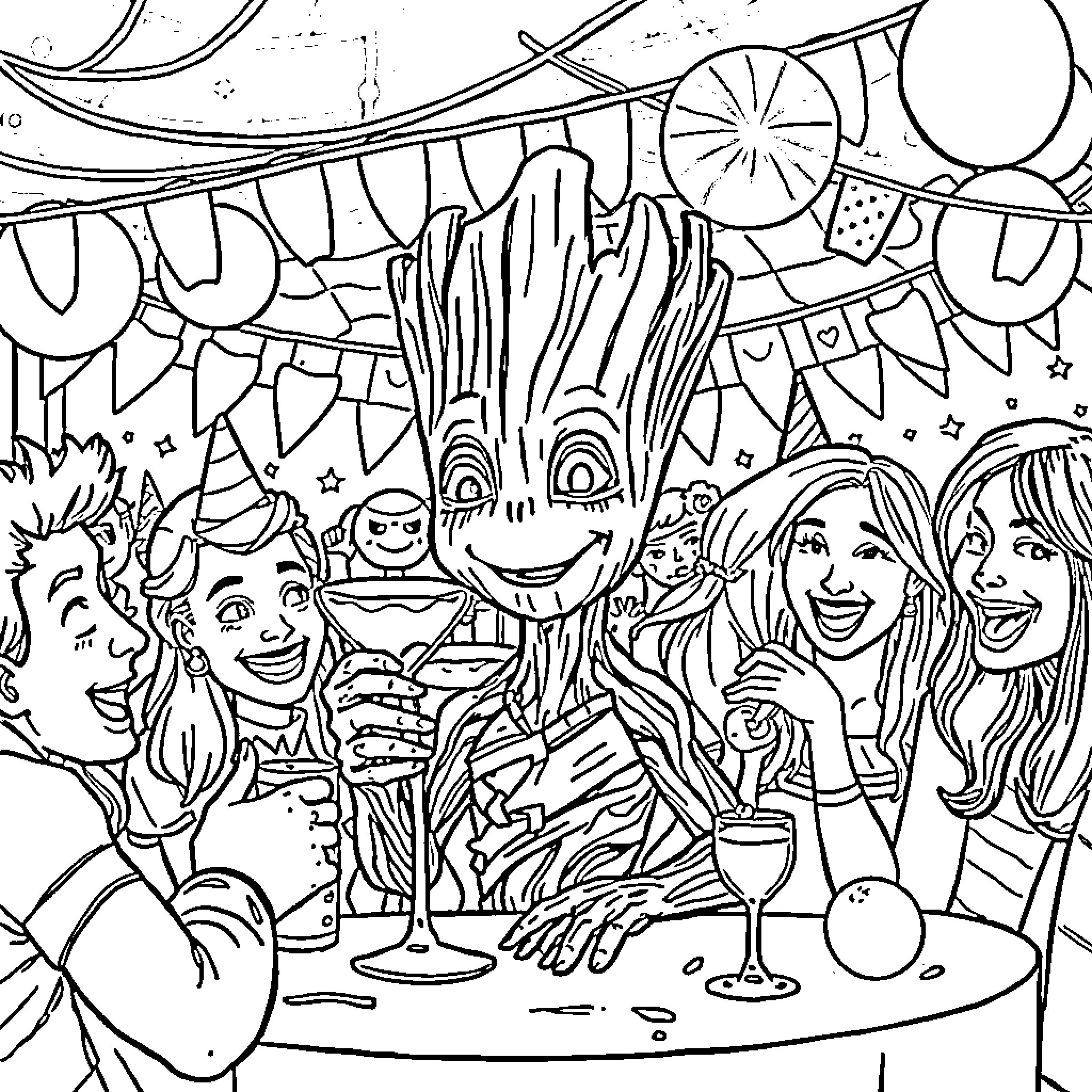 Groot celebrates with friends at a lively party Coloring Page (free black-and-white line drawing printable PDF for all, from beginners to advanced learners, including children, teens, adults, and seniors)