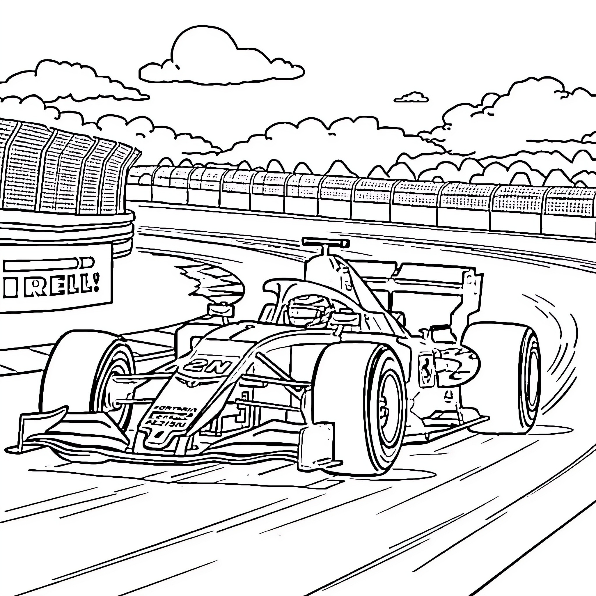 Formula 1 Race Car Speeding on Track Coloring Page (free black-and-white line drawing printable PDF for all, from beginners to advanced learners, including children, teens, adults, and seniors)