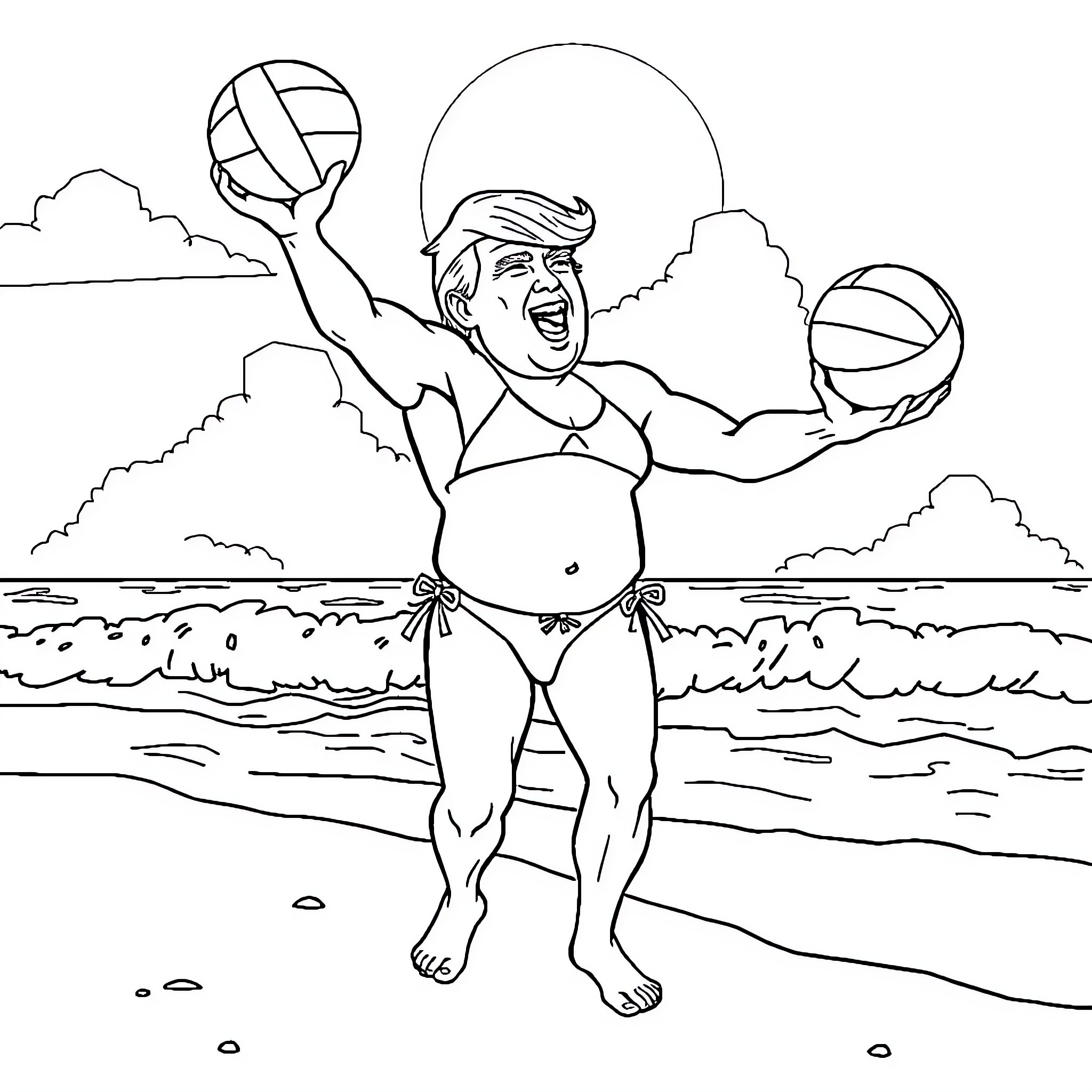 Donald Trump Playing Volleyball on the Beach Coloring Page (free black-and-white line drawing printable PDF for all, from beginners to advanced learners, including children, teens, adults, and seniors)