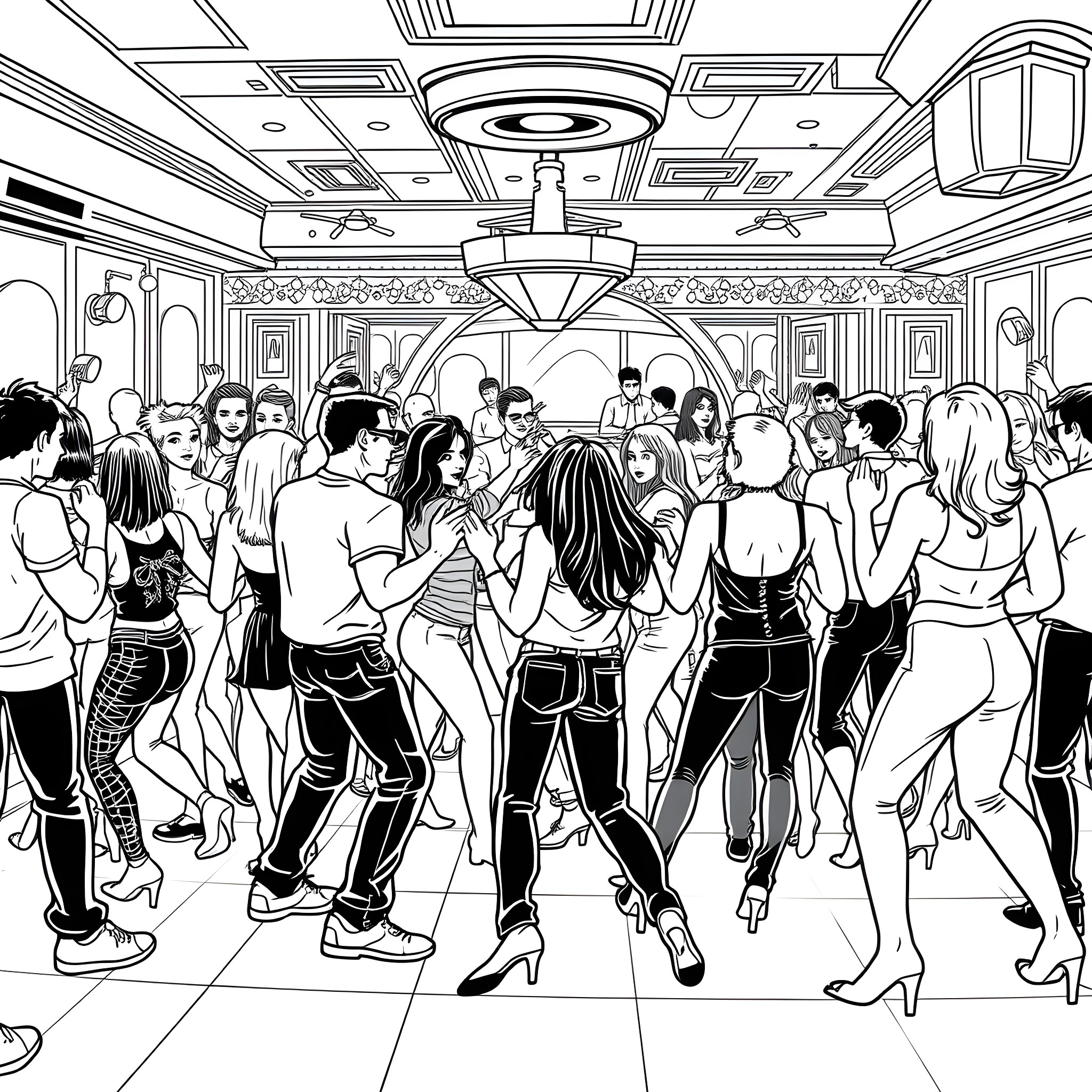 Girl dancing in a crowded nightclub Coloring Page (free black-and-white line drawing printable PDF for all, from beginners to advanced learners, including children, teens, adults, and seniors)