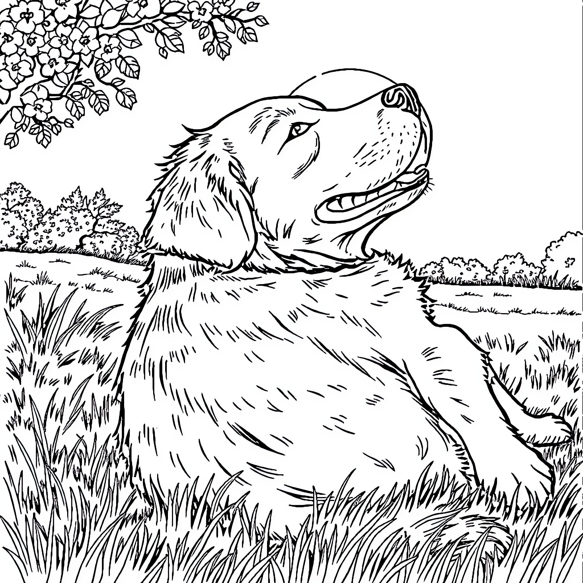 Golden Retriever enjoying nature in the outdoors Coloring Page (free black-and-white line drawing printable PDF for all, from beginners to advanced learners, including children, teens, adults, and seniors)