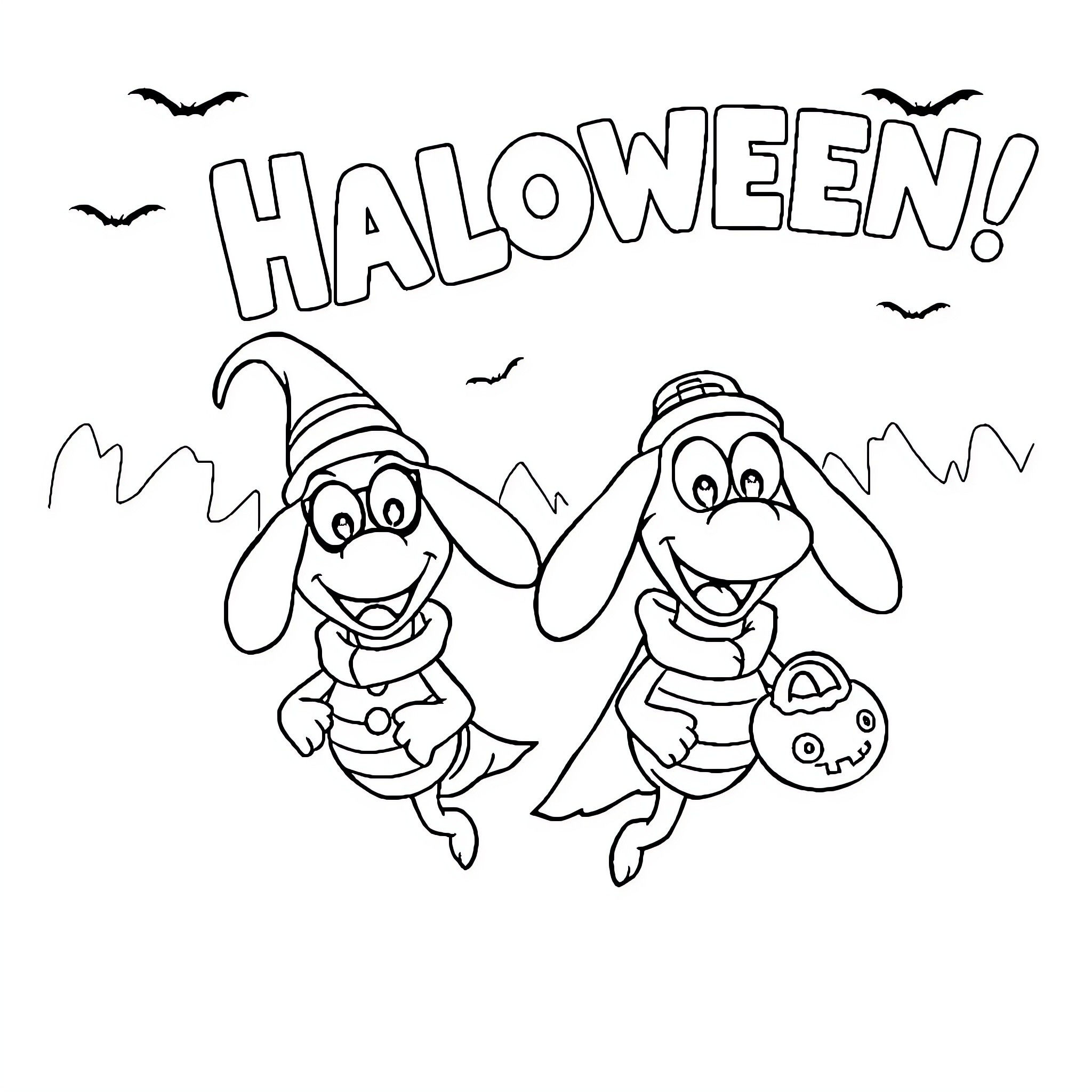 Shrimp friends celebrate Halloween Coloring Page (free black-and-white line drawing printable PDF for all, from beginners to advanced learners, including children, teens, adults, and seniors)