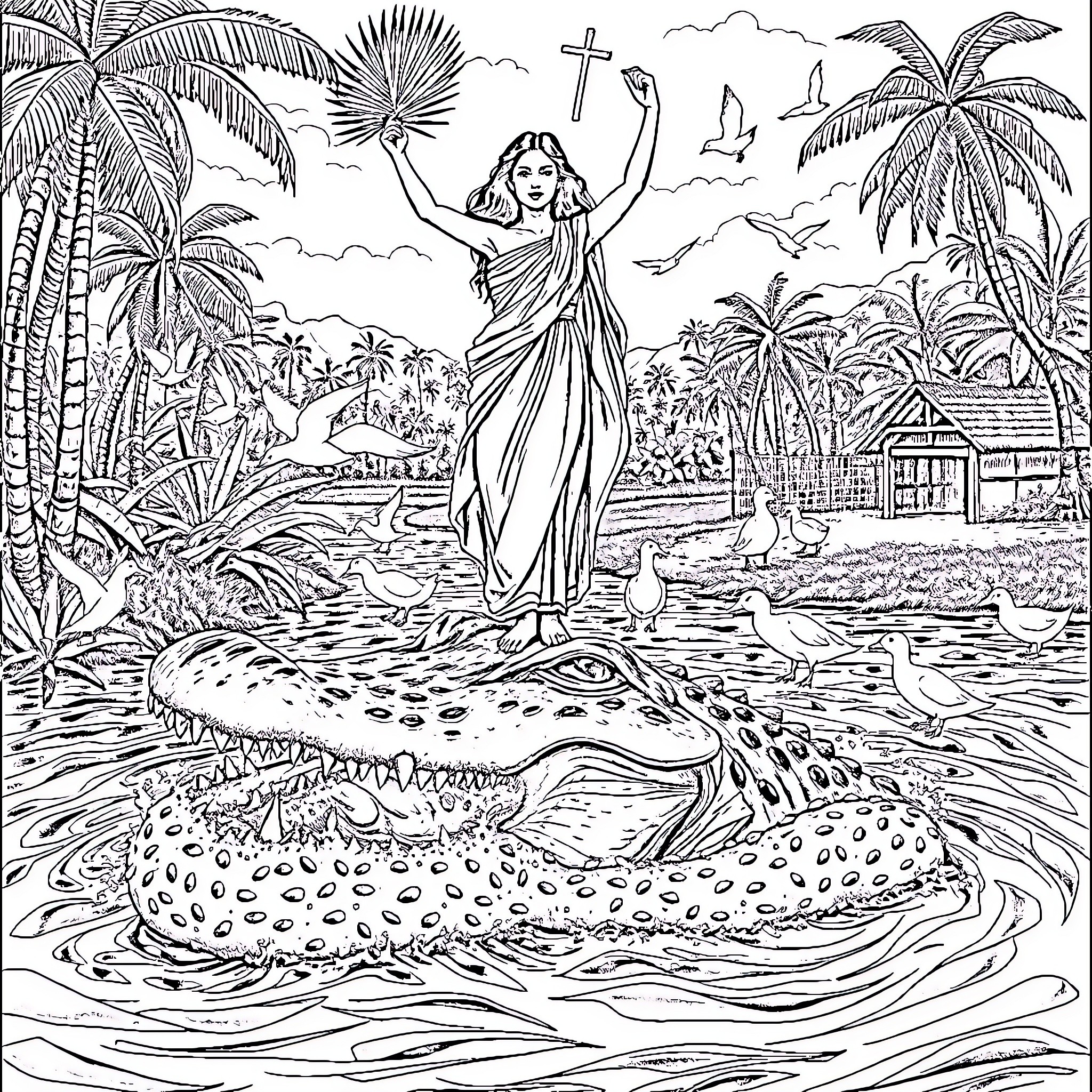 Woman dancing amidst tropical scenery with animals Coloring Page (free black-and-white line drawing printable PDF for all, from beginners to advanced learners, including children, teens, adults, and seniors)