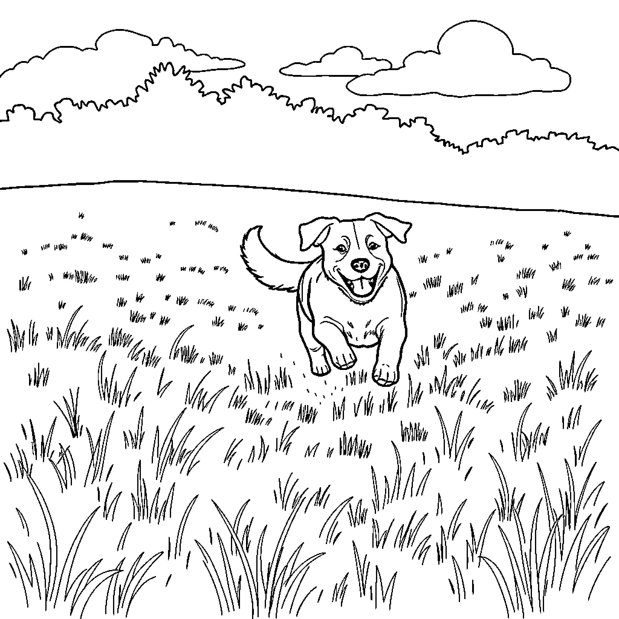 Dog happily running through the field Coloring Page (free black-and-white line drawing printable PDF for all, from beginners to advanced learners, including children, teens, adults, and seniors)