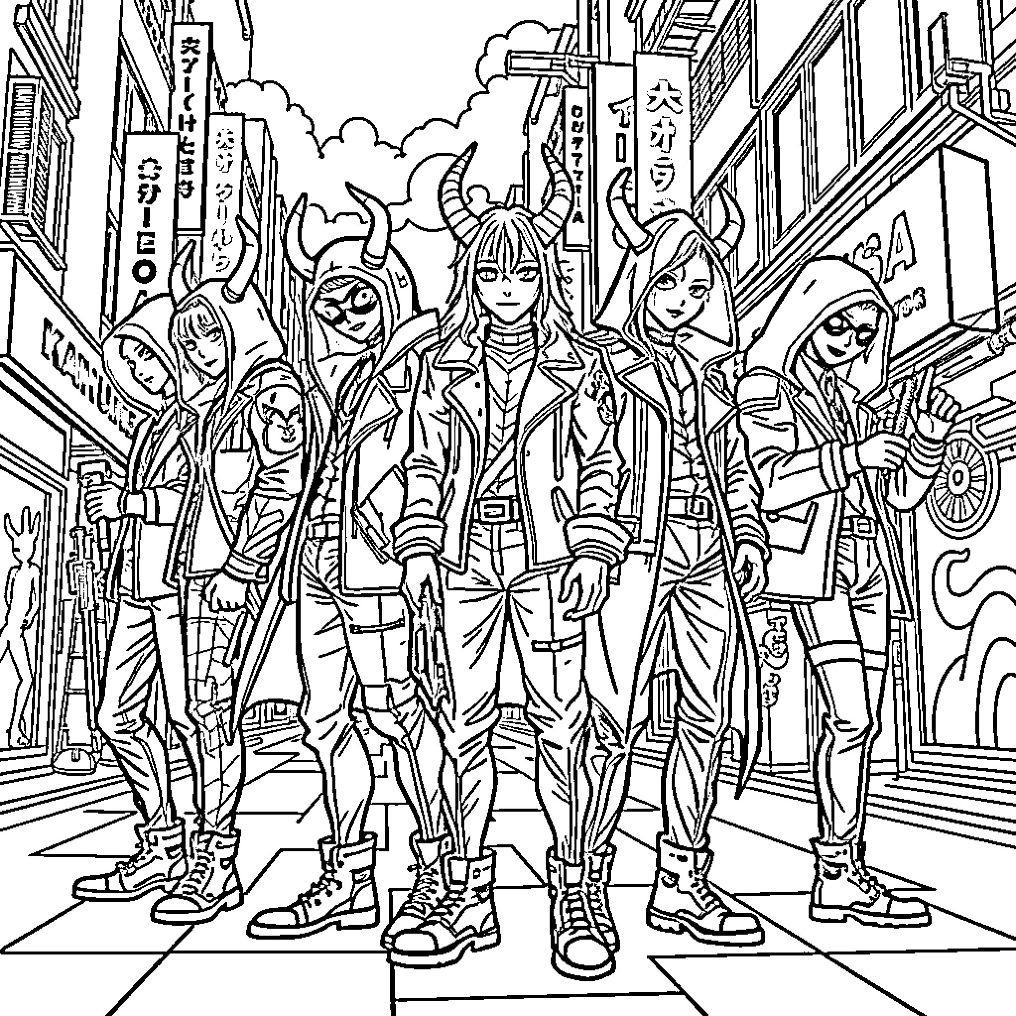 Demon Hunter Squad in Action-Packed Urban Setting Coloring Page (free black-and-white line drawing printable PDF for all, from beginners to advanced learners, including children, teens, adults, and seniors)