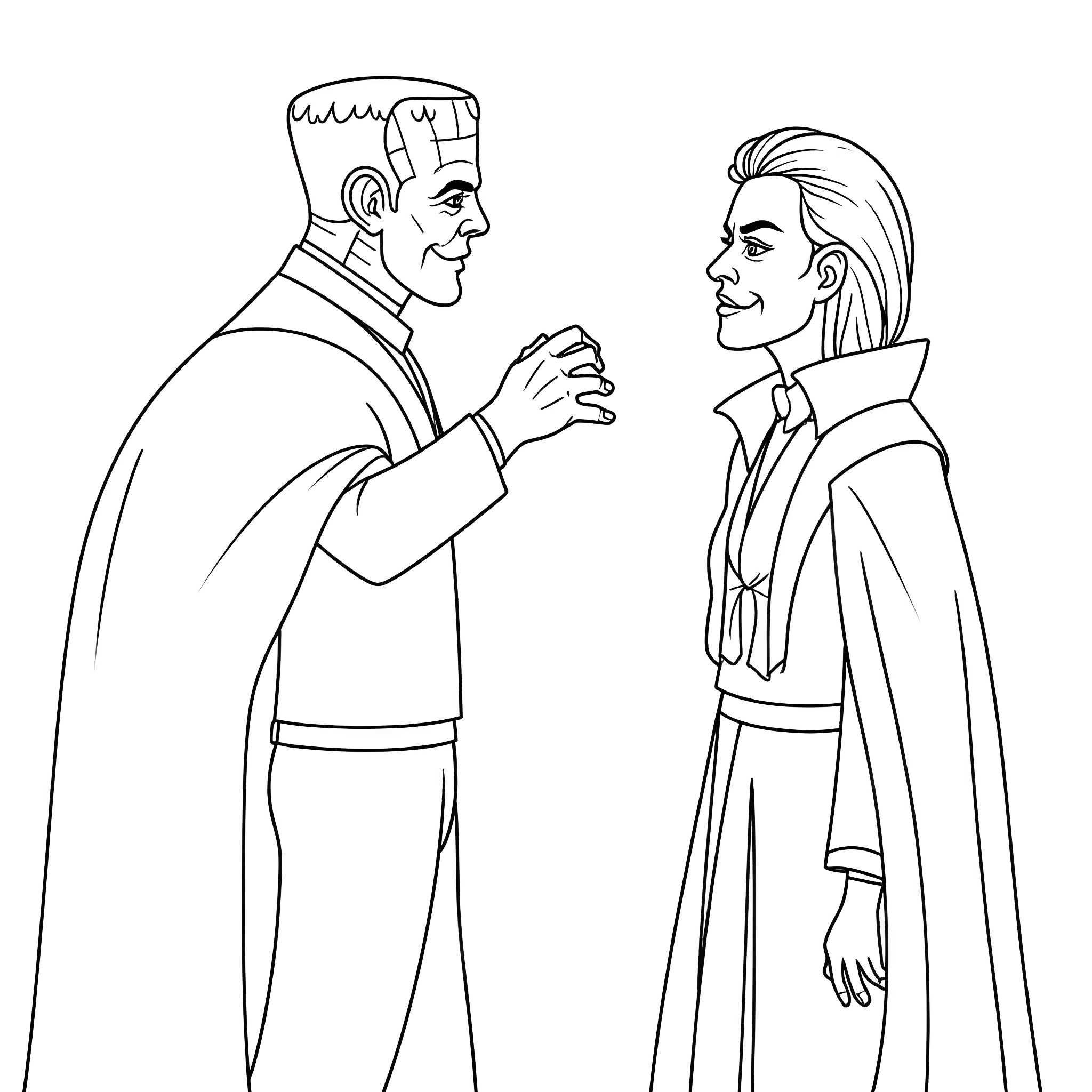 Frankenstein Monster and Companion Conversing Intently Coloring Page (free black-and-white line drawing printable PDF for all, from beginners to advanced learners, including children, teens, adults, and seniors)