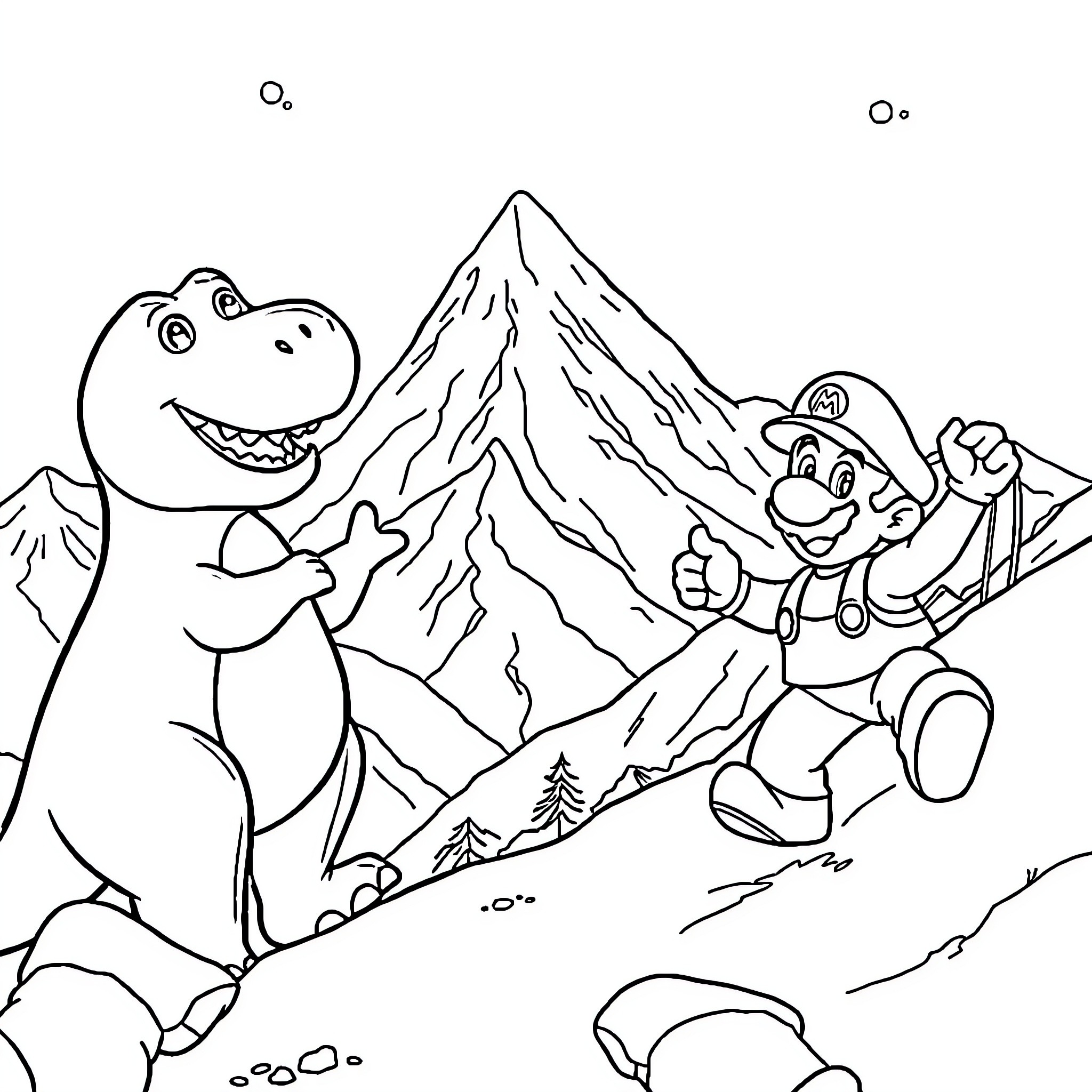 Barney and Brock hiking in the mountains Coloring Page (free black-and-white line drawing printable PDF for all, from beginners to advanced learners, including children, teens, adults, and seniors)