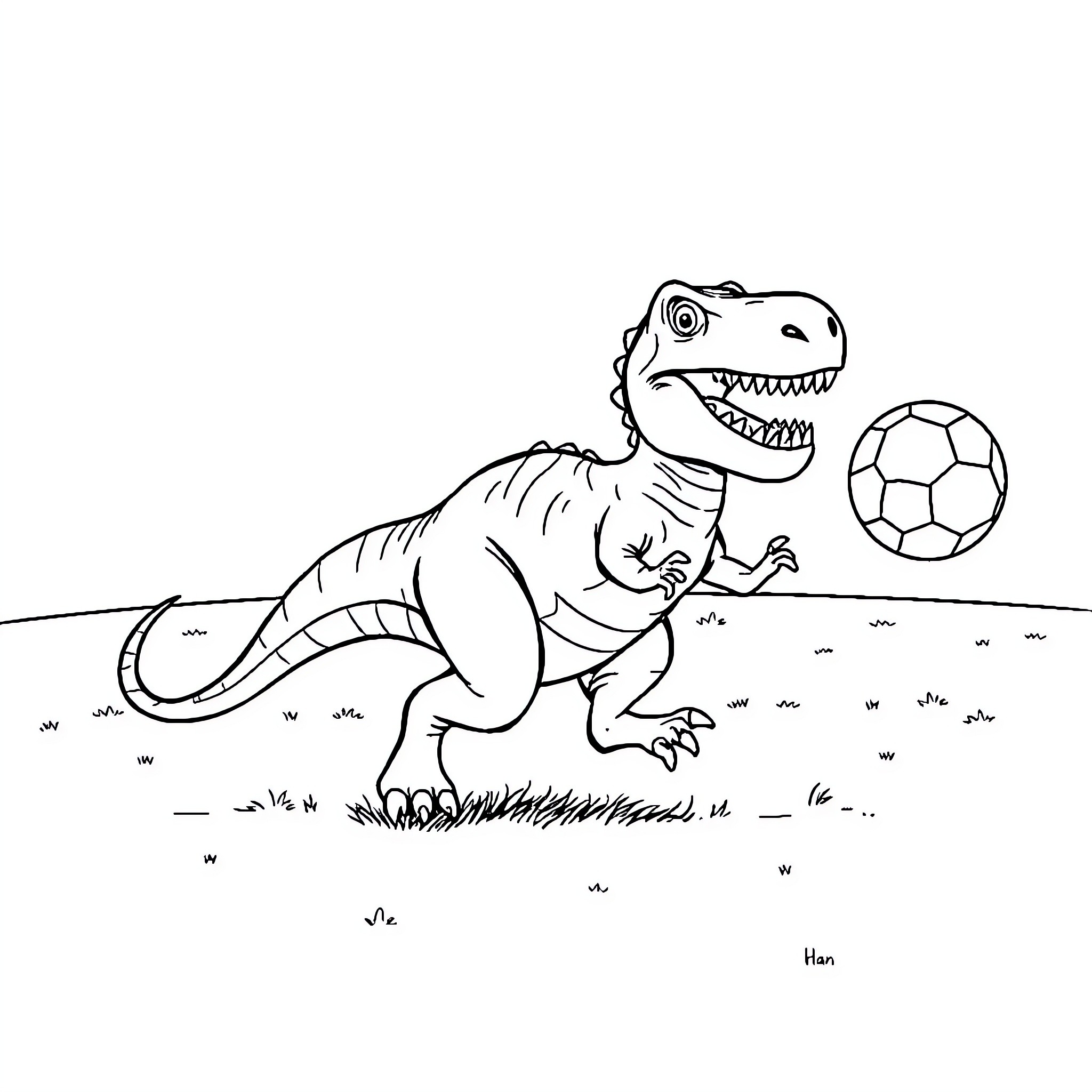 Dinosaur playing with soccer ball on grassy field Coloring Page (free black-and-white line drawing printable PDF for all, from beginners to advanced learners, including children, teens, adults, and seniors)