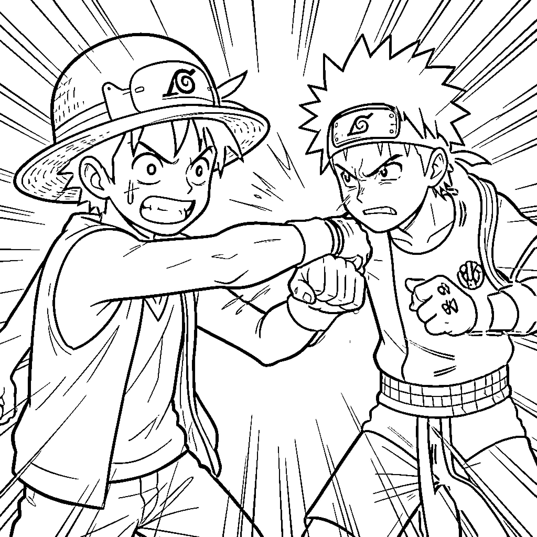 Monkey D Luffy fighting an opponent in an intense battle Coloring Page (free black-and-white line drawing printable PDF for all, from beginners to advanced learners, including children, teens, adults, and seniors)