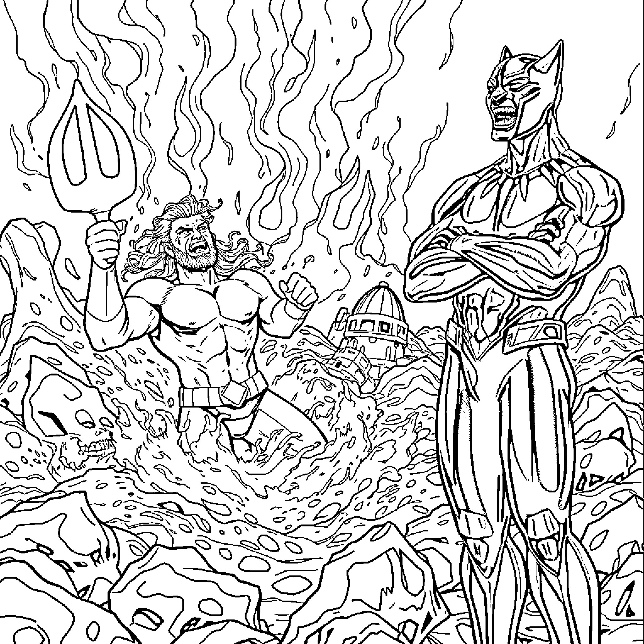 Aquaman battles fierce sea creatures in an underwater realm Coloring Page (free black-and-white line drawing printable PDF for all, from beginners to advanced learners, including children, teens, adults, and seniors)