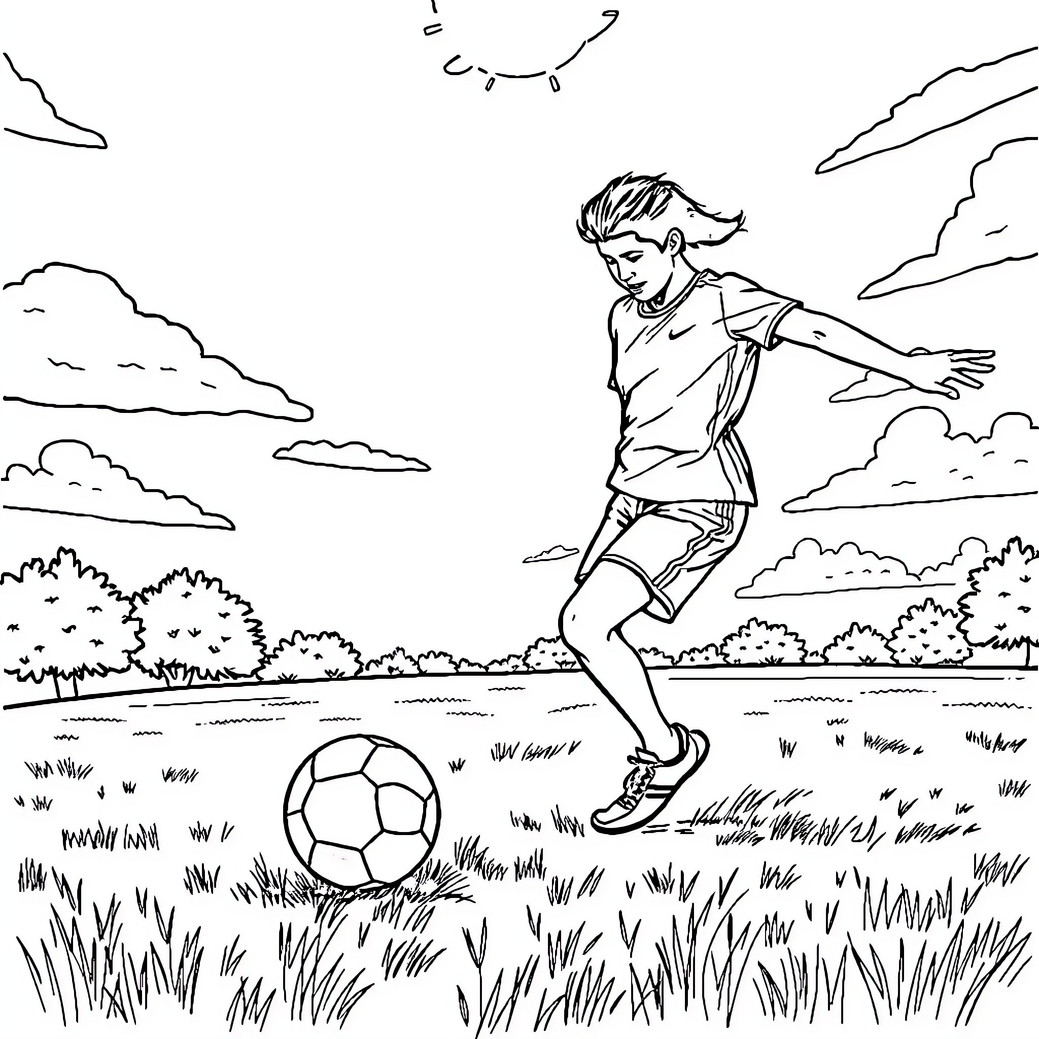 Football player enjoying the game in the park Coloring Page (free black-and-white line drawing printable PDF for all, from beginners to advanced learners, including children, teens, adults, and seniors)