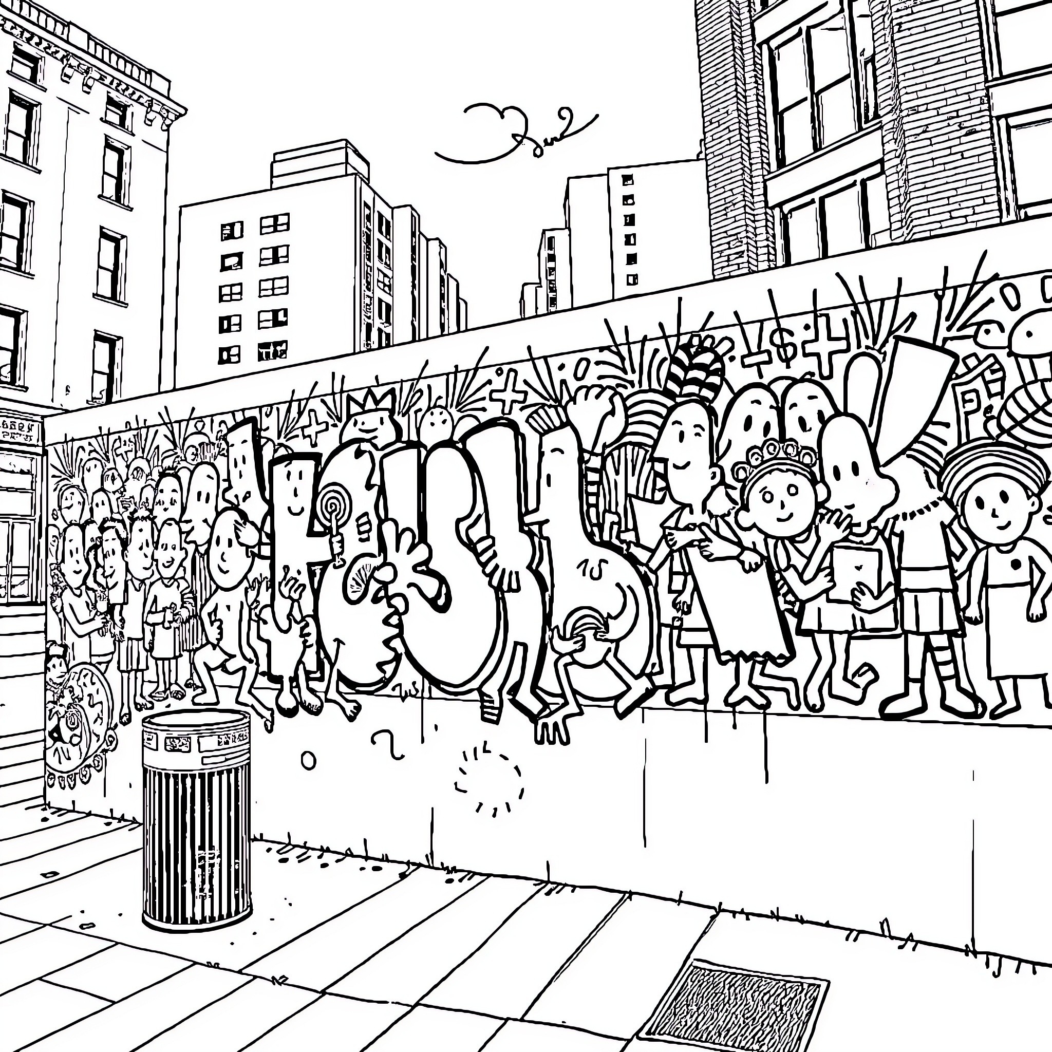 Keith Haring's Crowd of Whimsical Figures in the City Coloring Page (free black-and-white line drawing printable PDF for all, from beginners to advanced learners, including children, teens, adults, and seniors)