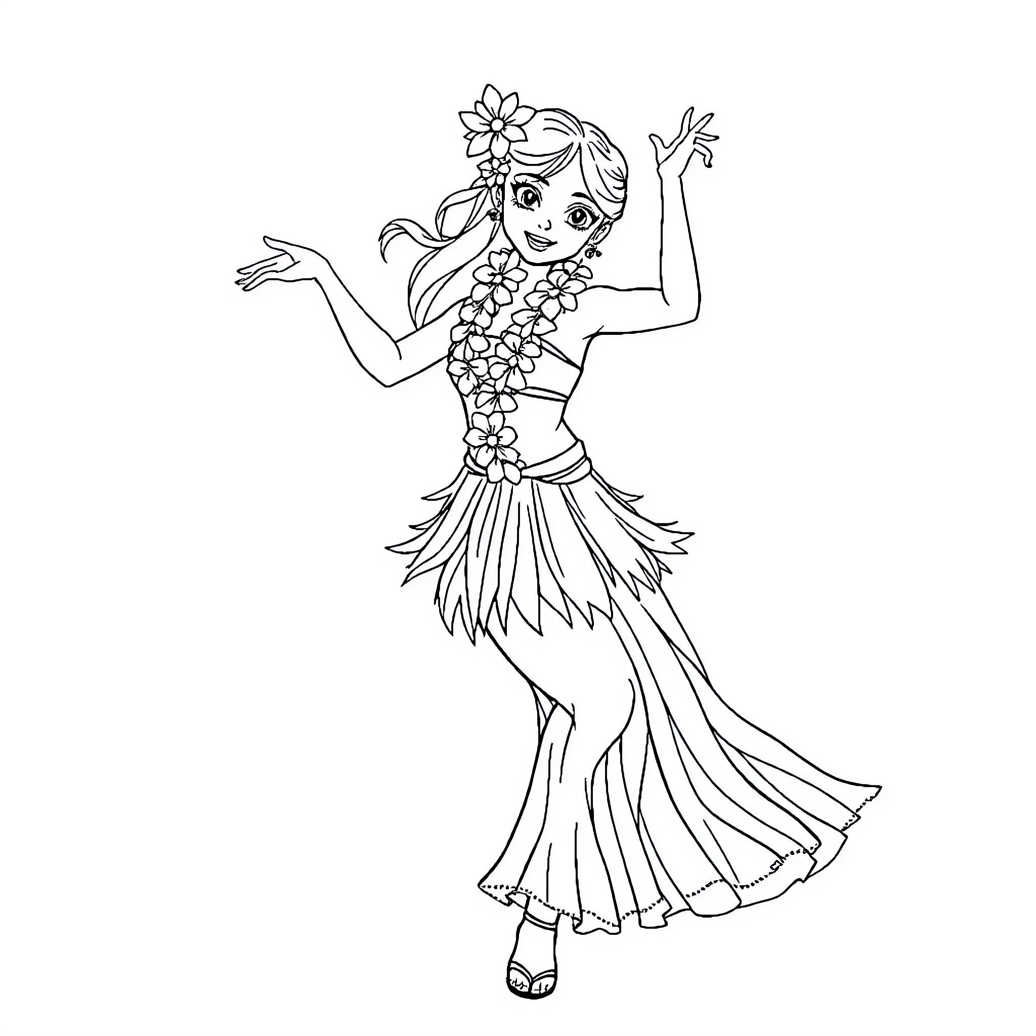 Hula Girl Dancing Gracefully in Floral Outfit Coloring Page (free black-and-white line drawing printable PDF for all, from beginners to advanced learners, including children, teens, adults, and seniors)