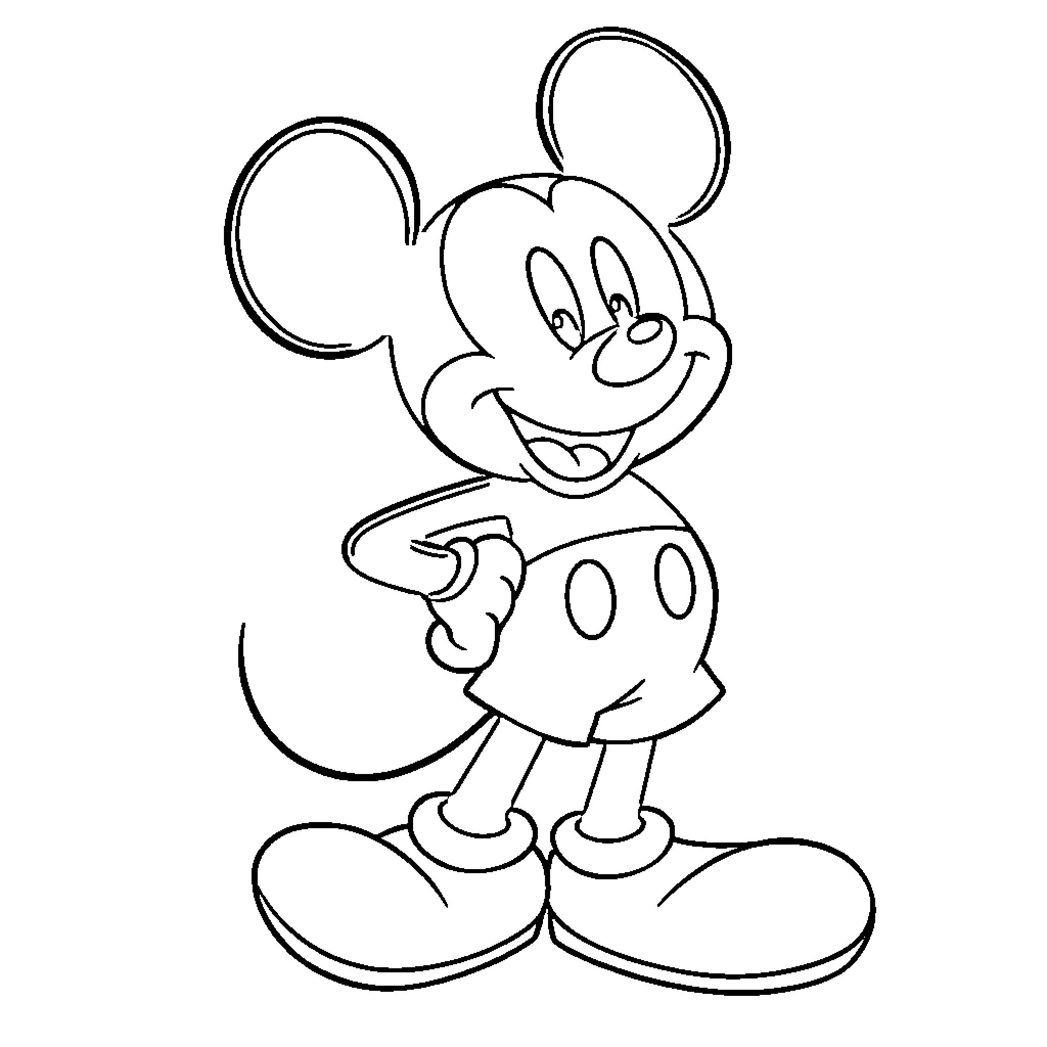 Mickey's Iconic Pose Coloring Page (free black-and-white line drawing printable PDF for all, from beginners to advanced learners, including children, teens, adults, and seniors)