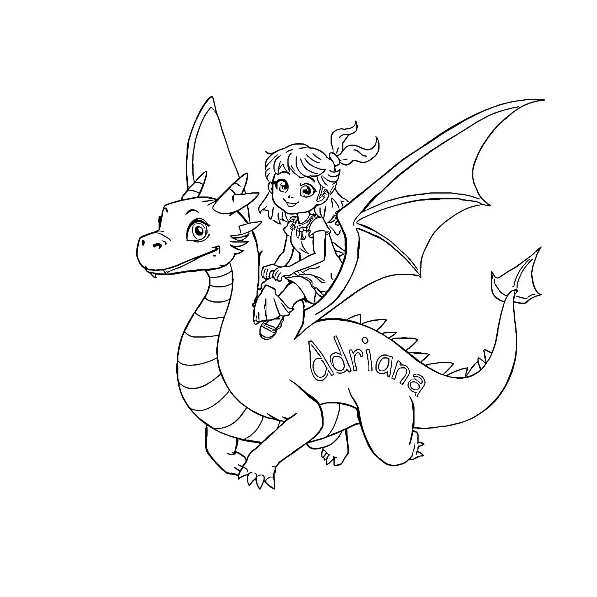 Girl riding a friendly dragon Coloring Page (free black-and-white line drawing printable PDF for all, from beginners to advanced learners, including children, teens, adults, and seniors)
