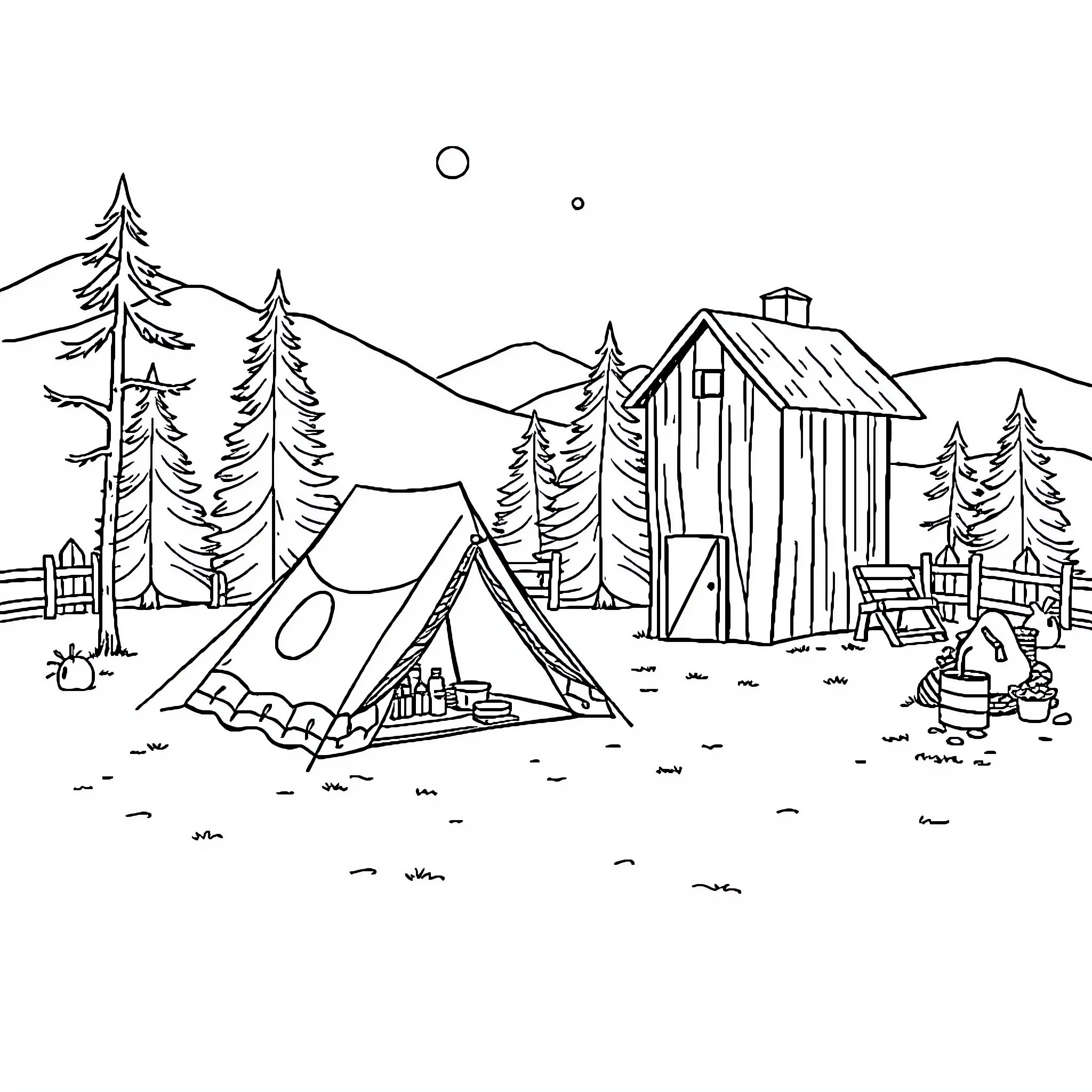 Campsite scene with tent, cabin, and outdoor activities Coloring Page (free black-and-white line drawing printable PDF for all, from beginners to advanced learners, including children, teens, adults, and seniors)