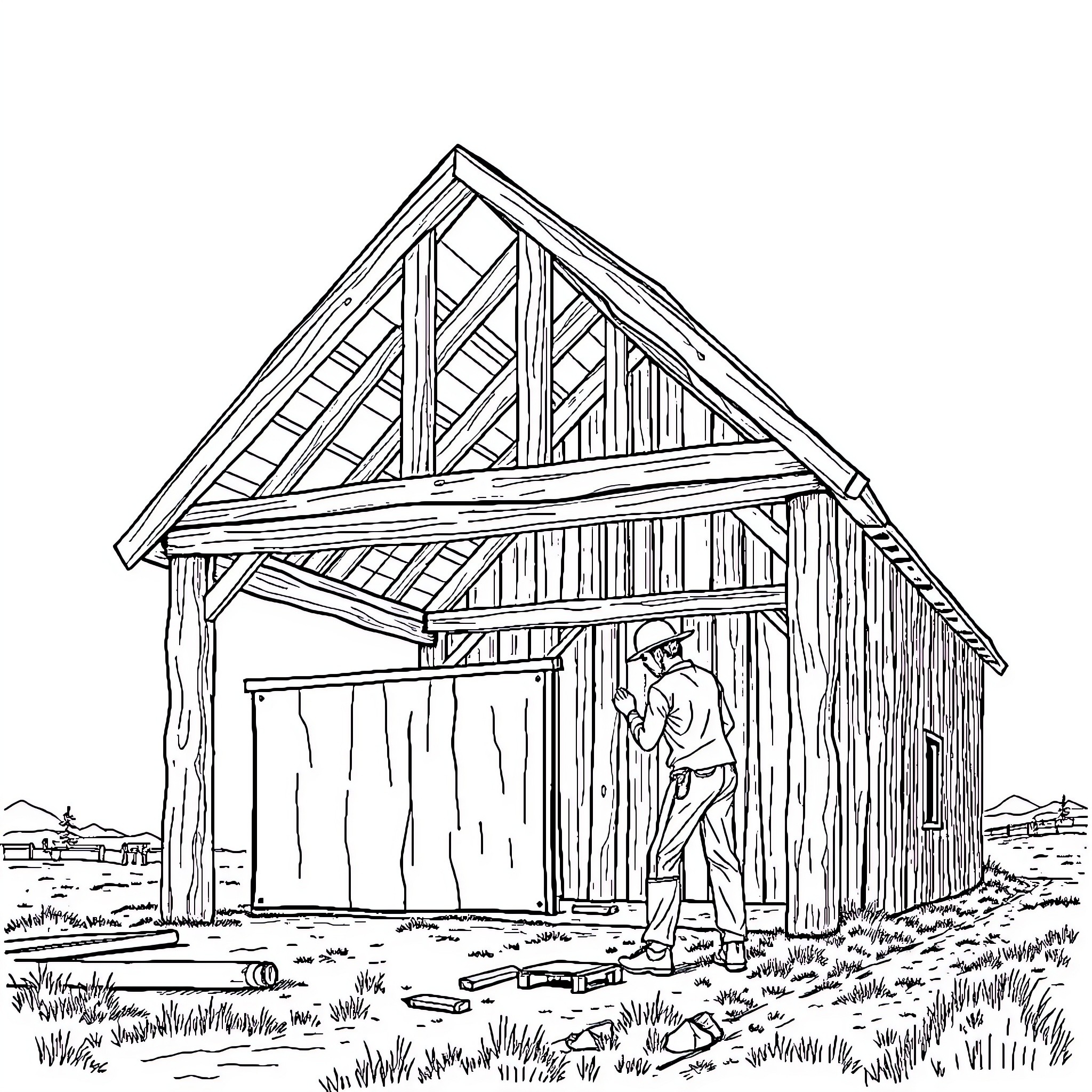 Pole Barn with Farmer Working Outdoors Coloring Page (free black-and-white line drawing printable PDF for all, from beginners to advanced learners, including children, teens, adults, and seniors)
