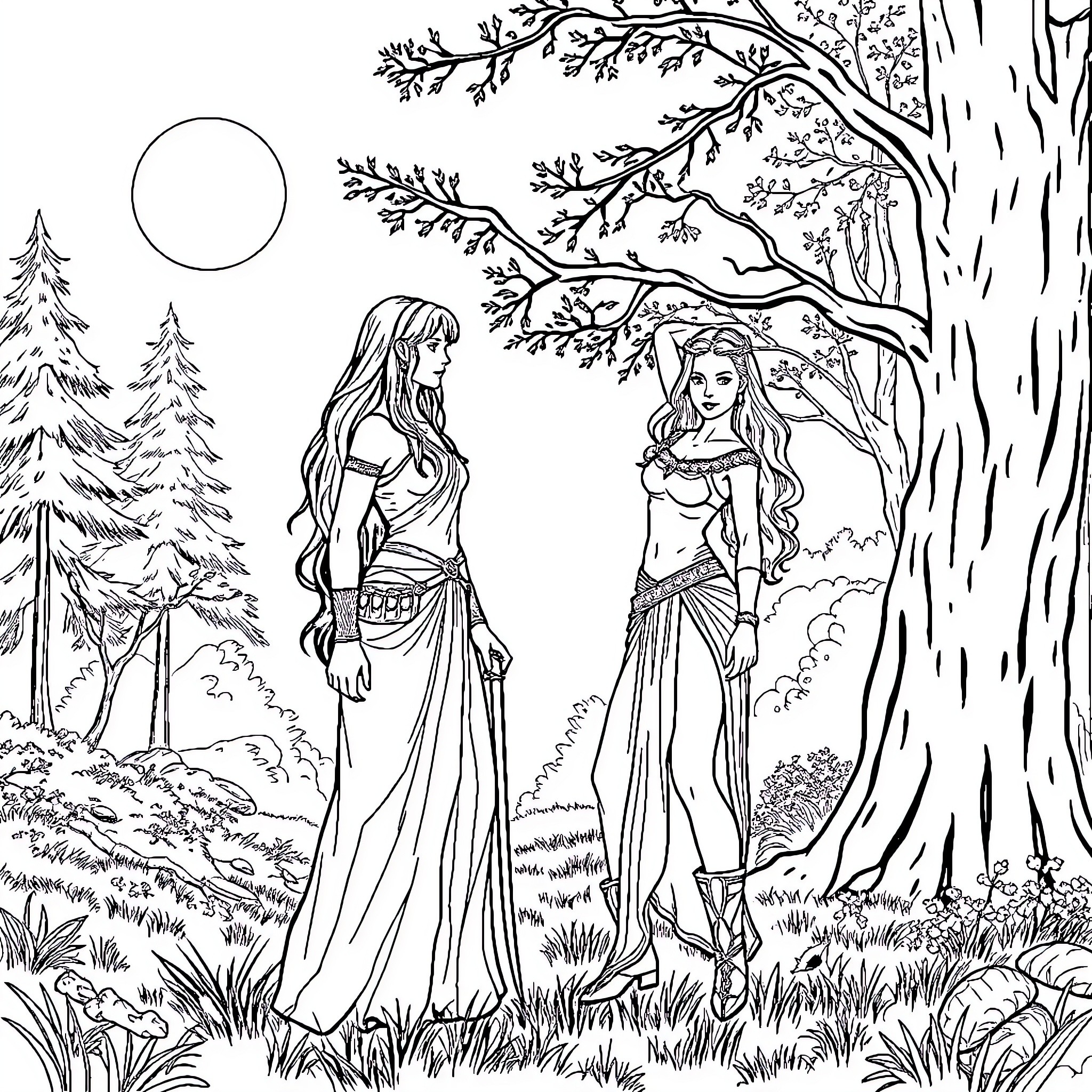 Xena and Gabrielle in the Enchanted Forest Coloring Page (free black-and-white line drawing printable PDF for all, from beginners to advanced learners, including children, teens, adults, and seniors)