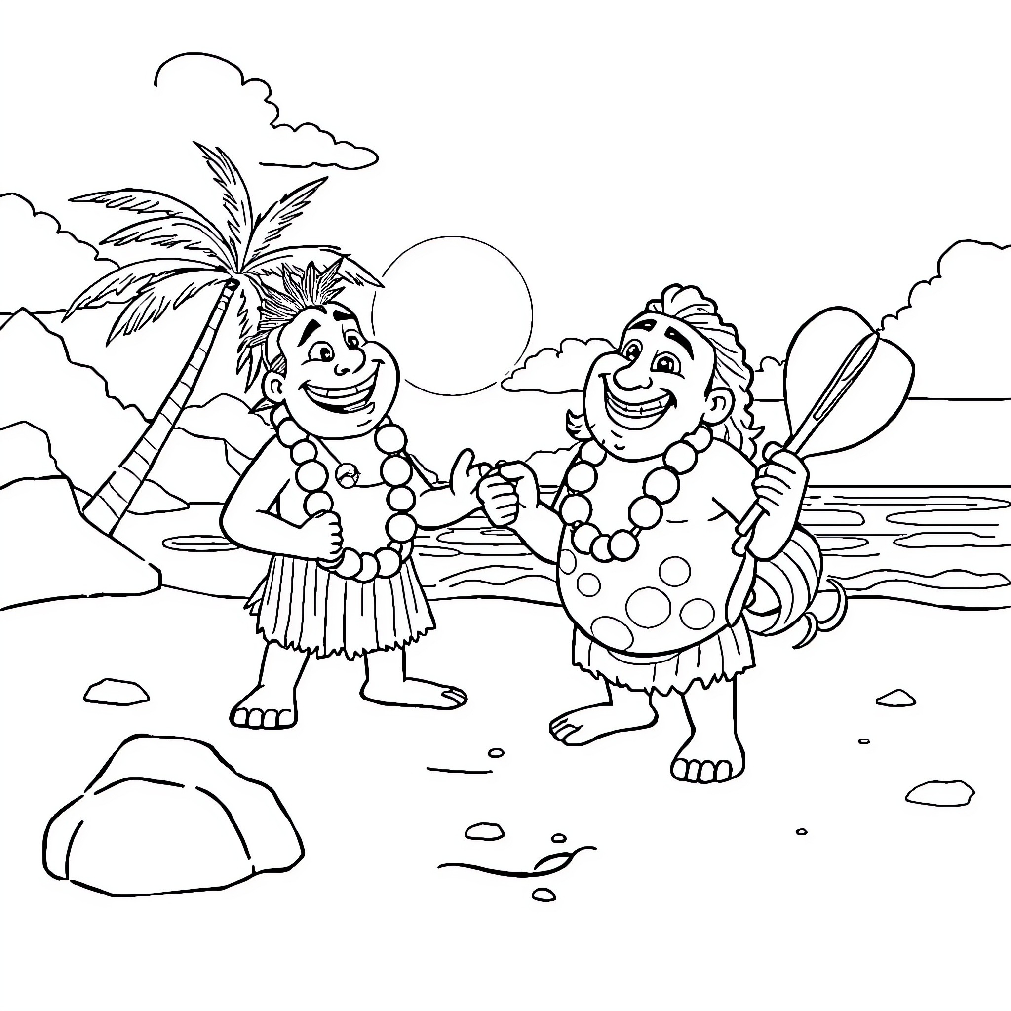 Maui Natives Enjoying a Beachside Celebration Coloring Page (free black-and-white line drawing printable PDF for all, from beginners to advanced learners, including children, teens, adults, and seniors)