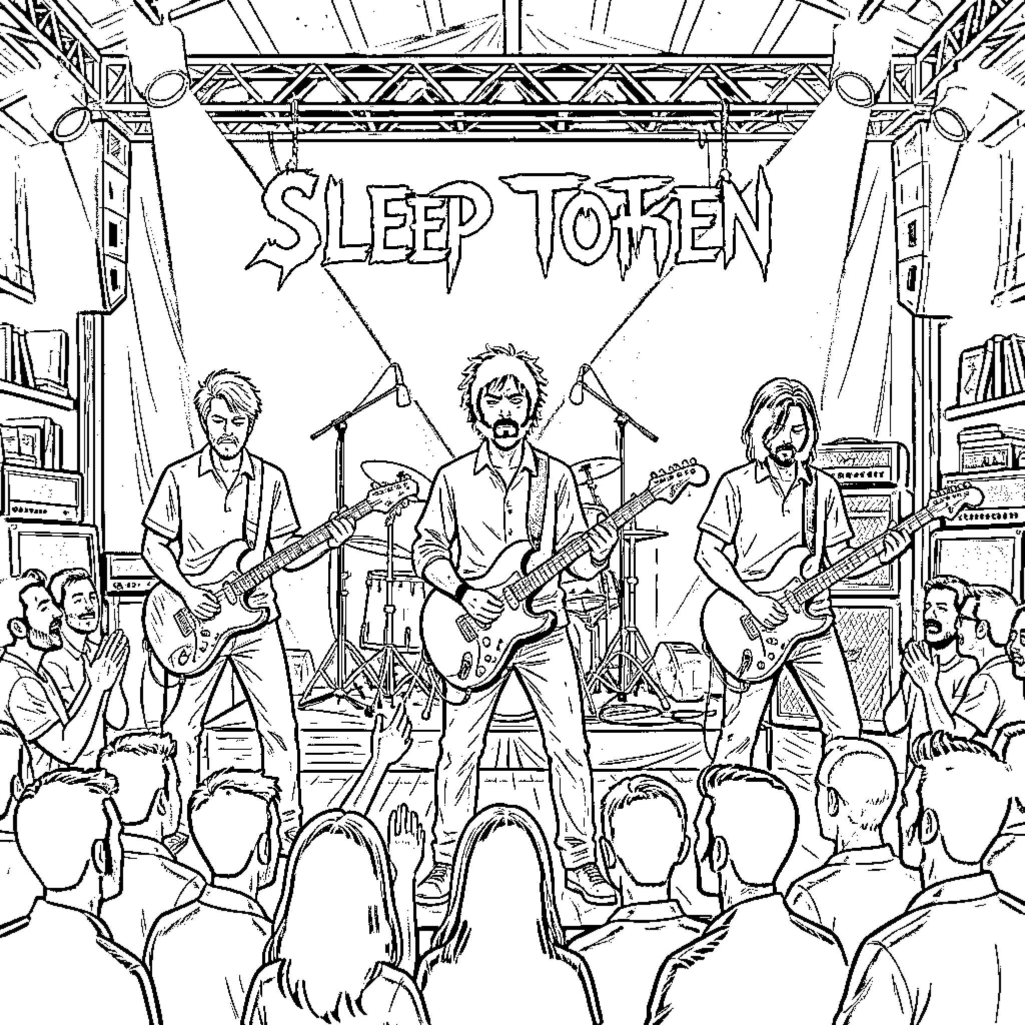 Sleep Token performing a musical concert on stage Coloring Page (free black-and-white line drawing printable PDF for all, from beginners to advanced learners, including children, teens, adults, and seniors)