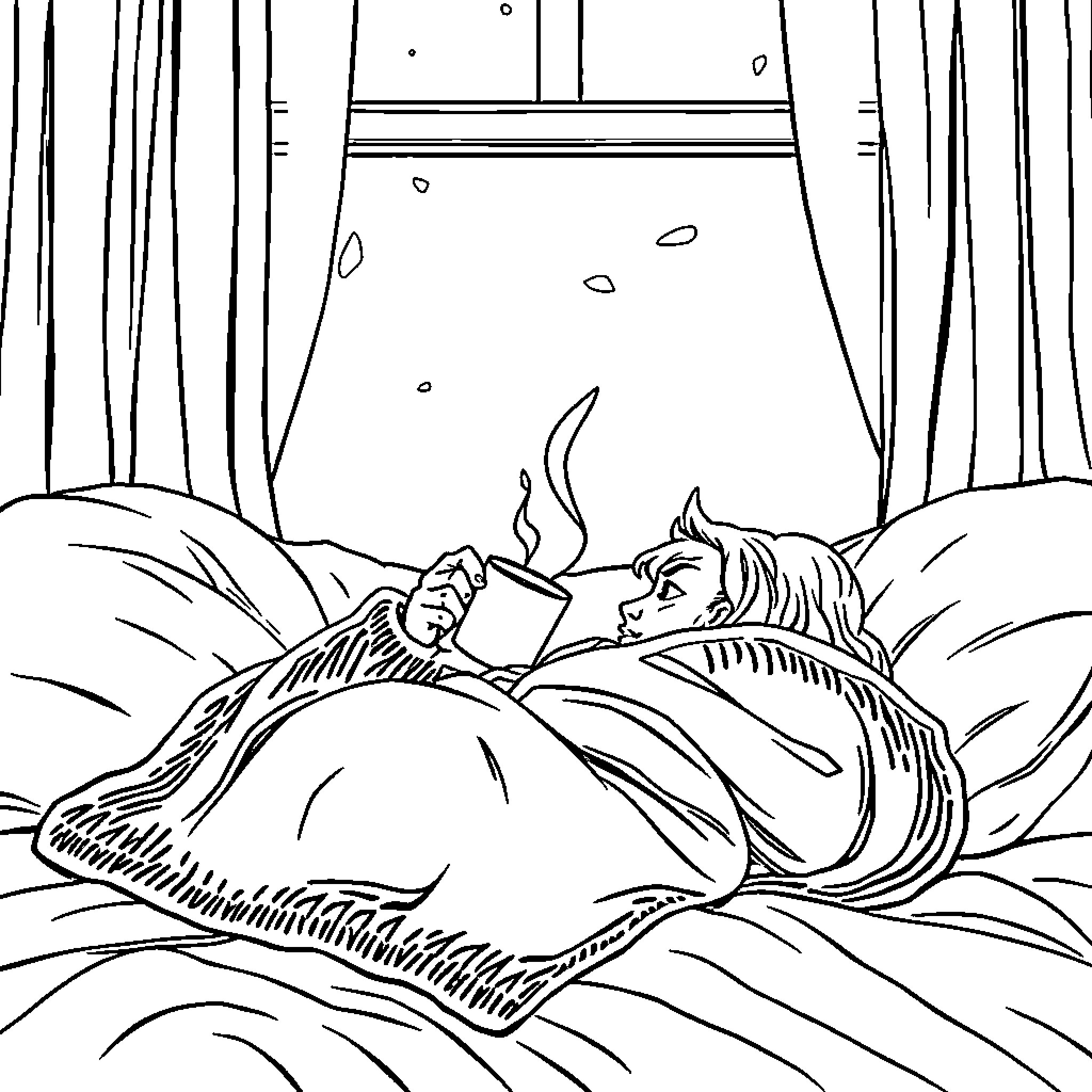 Coffee break during sleep Coloring Page (free black-and-white line drawing printable PDF for all, from beginners to advanced learners, including children, teens, adults, and seniors)