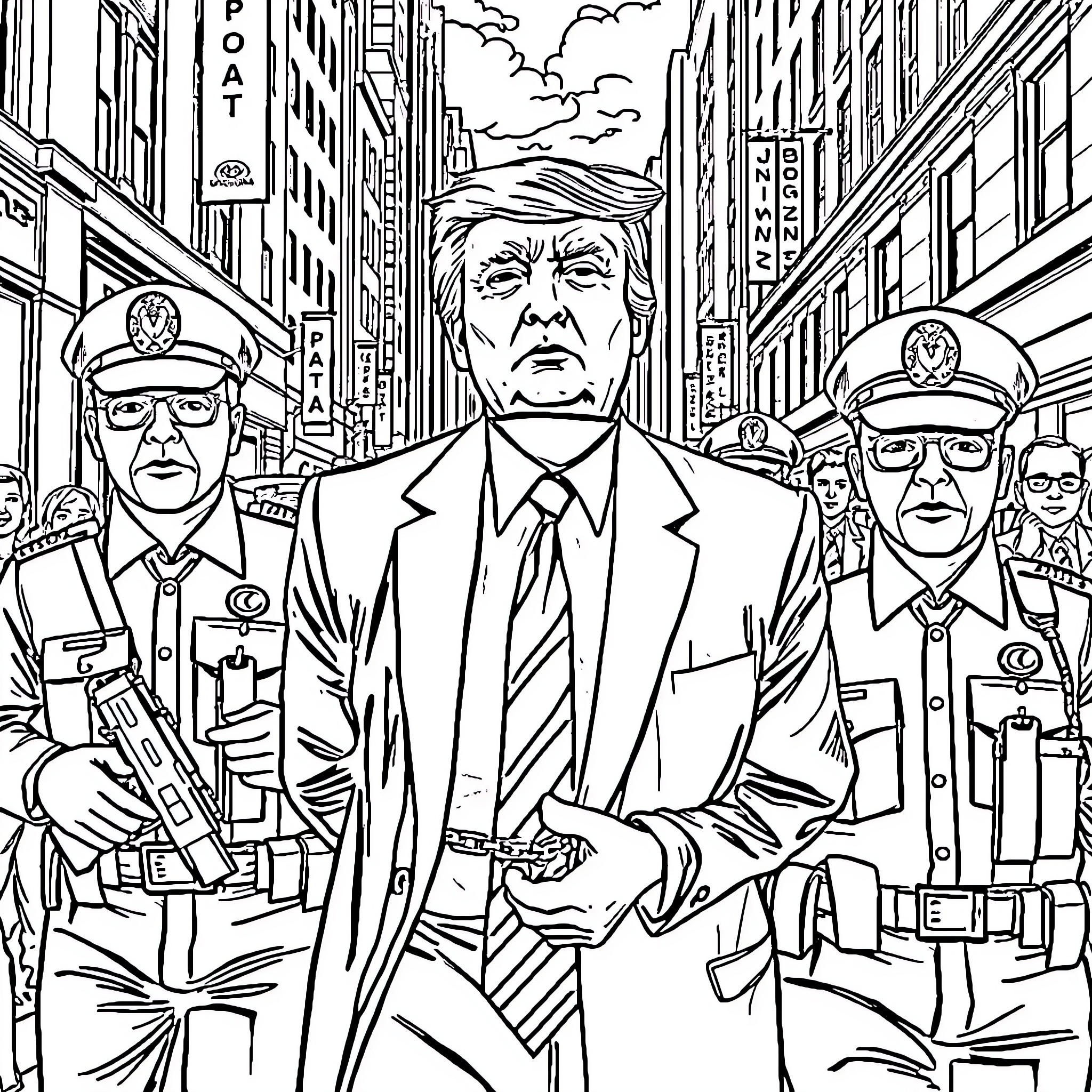 Donald Trump with security personnel on the streets Coloring Page (free black-and-white line drawing printable PDF for all, from beginners to advanced learners, including children, teens, adults, and seniors)