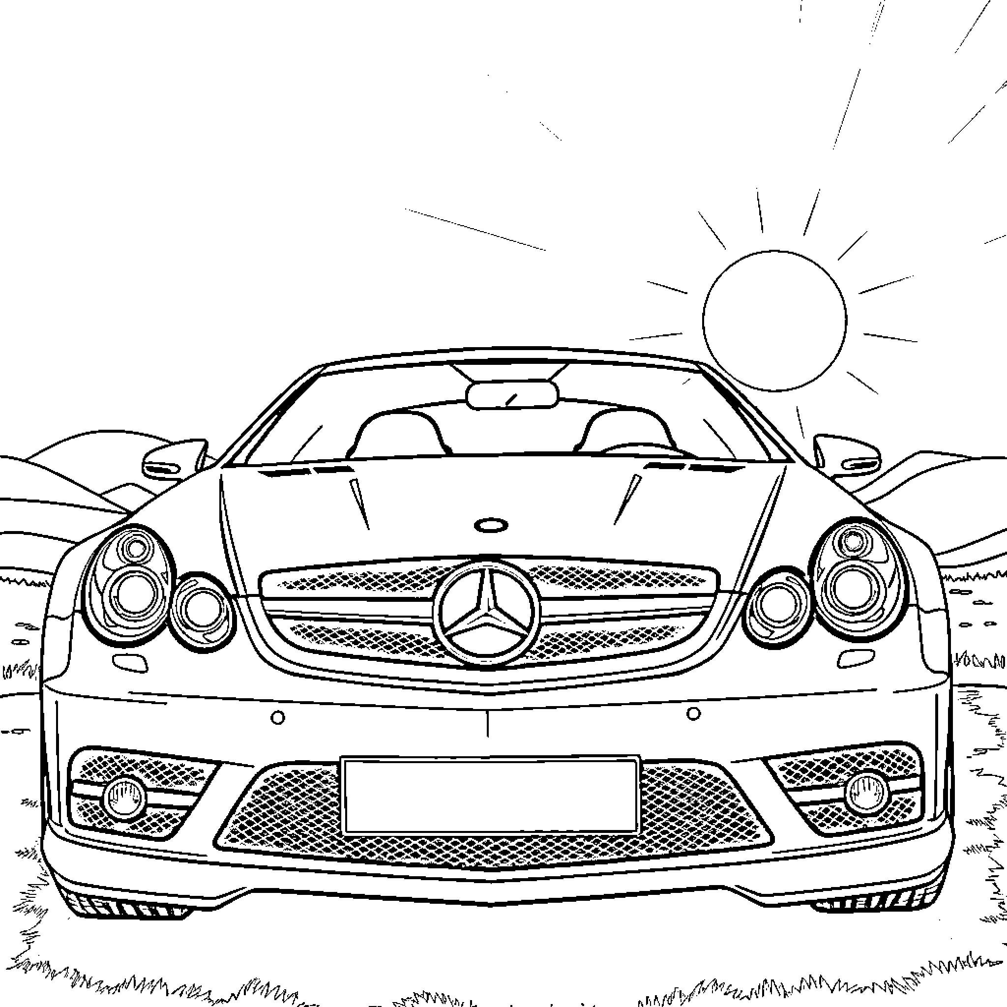 Mercedes sports car on a sunny road Coloring Page (free black-and-white line drawing printable PDF for all, from beginners to advanced learners, including children, teens, adults, and seniors)