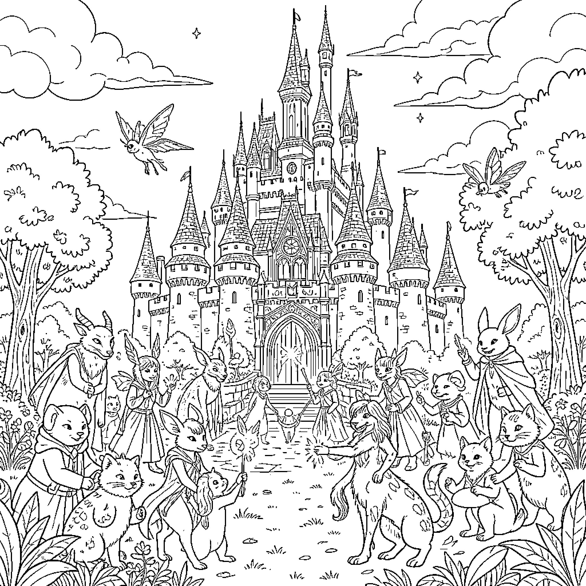 Fantasy World of Enchanted Castle and Mythical Creatures Coloring Page (free black-and-white line drawing printable PDF for all, from beginners to advanced learners, including children, teens, adults, and seniors)