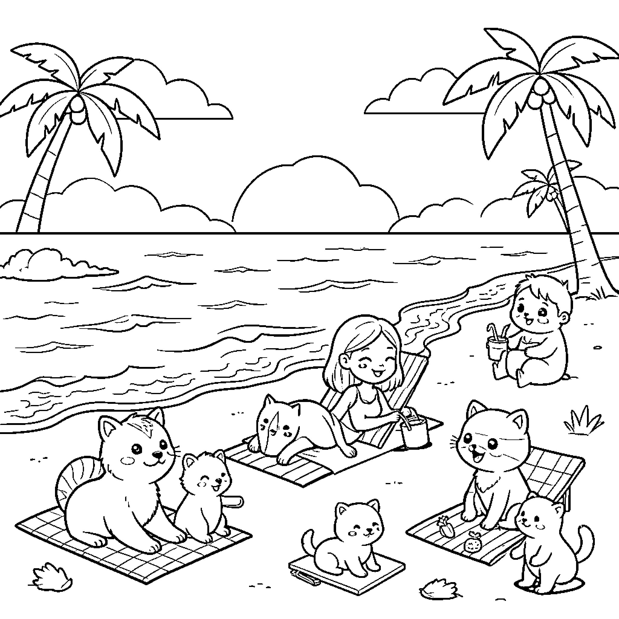 Kawaii animals and children enjoying a sunny beach day Coloring Page (free black-and-white line drawing printable PDF for all, from beginners to advanced learners, including children, teens, adults, and seniors)