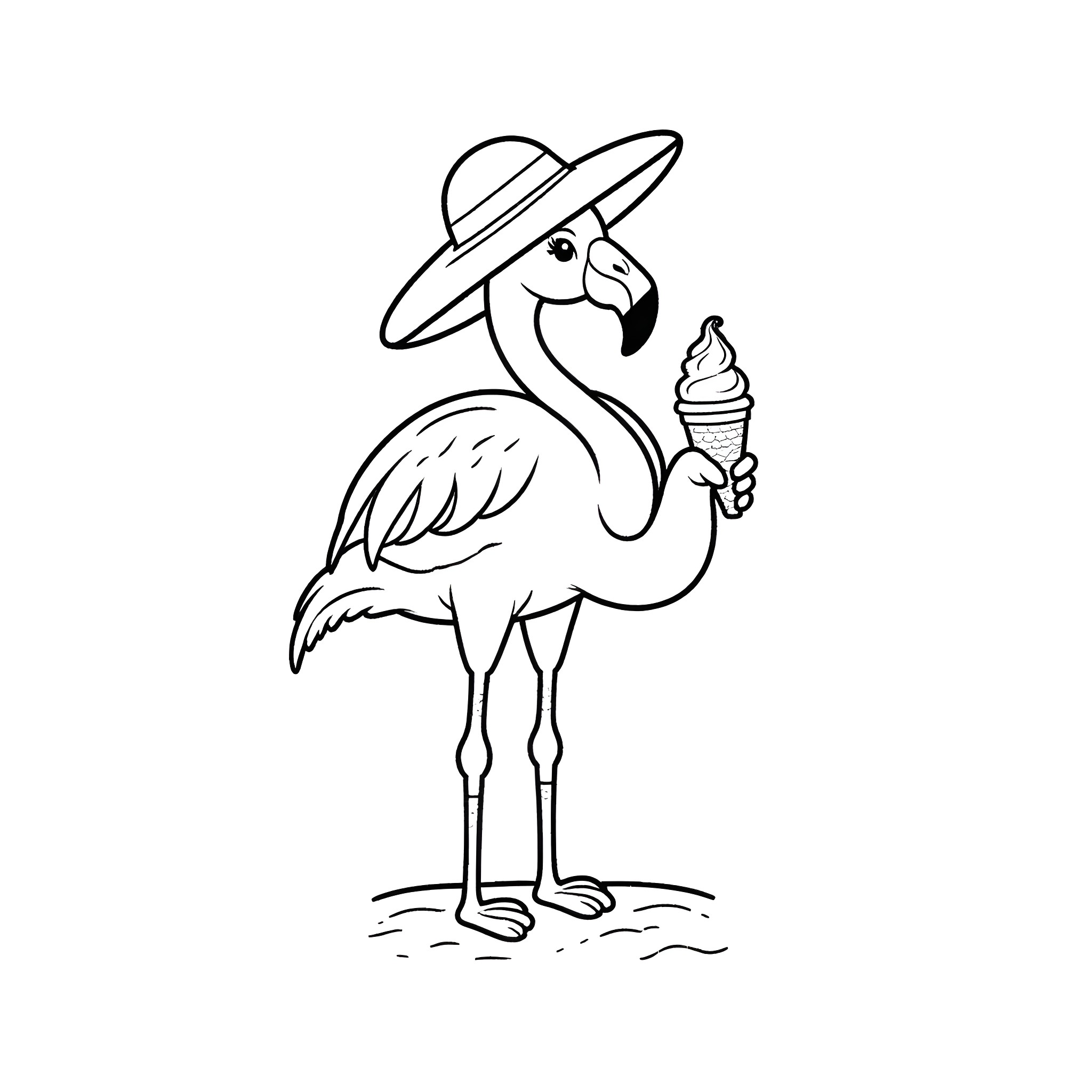 Flamingo wearing a hat and holding an ice cream Coloring Page (free black-and-white line drawing printable PDF for all, from beginners to advanced learners, including children, teens, adults, and seniors)