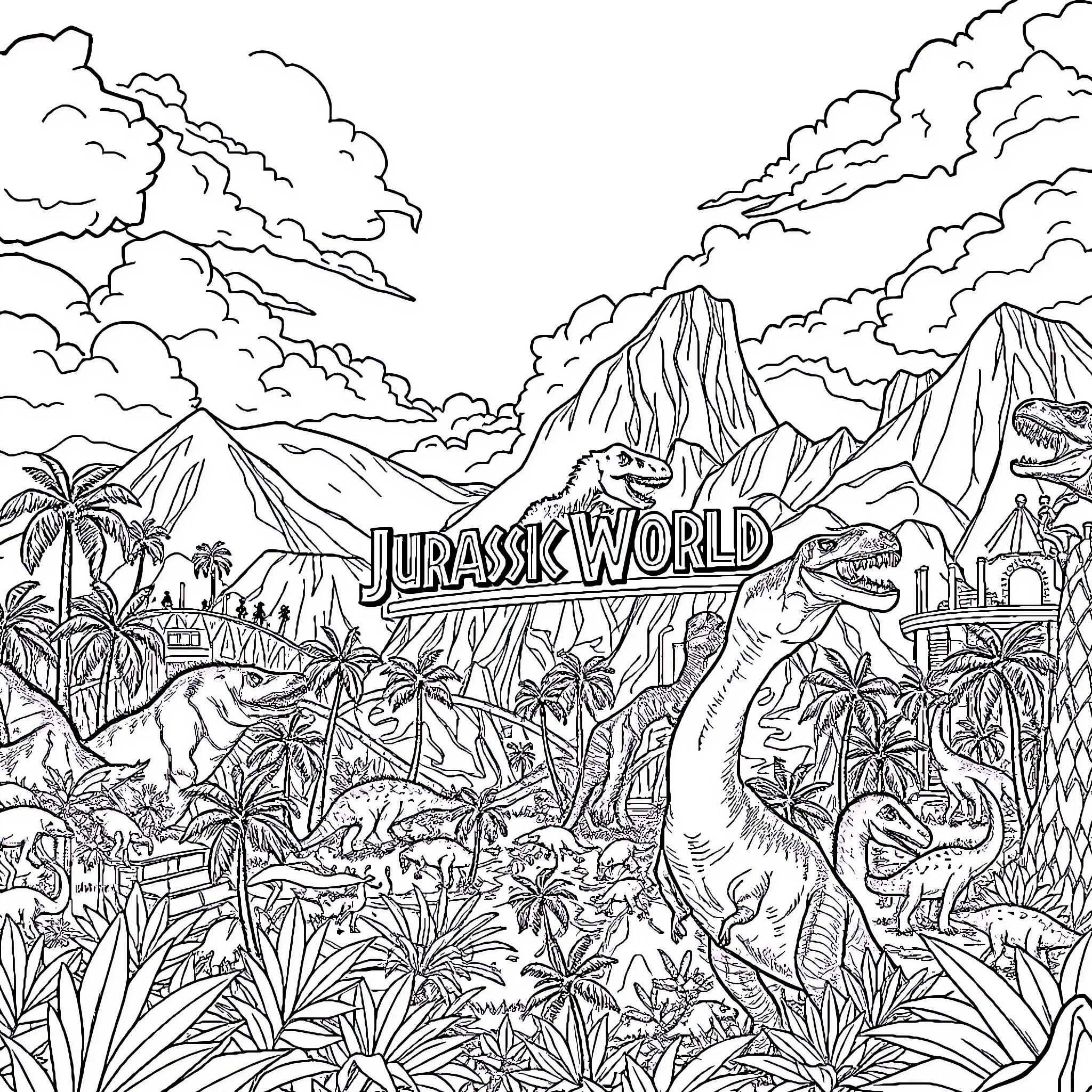 Dinosaurs roaming the prehistoric Jurassic landscape Coloring Page (free black-and-white line drawing printable PDF for all, from beginners to advanced learners, including children, teens, adults, and seniors)