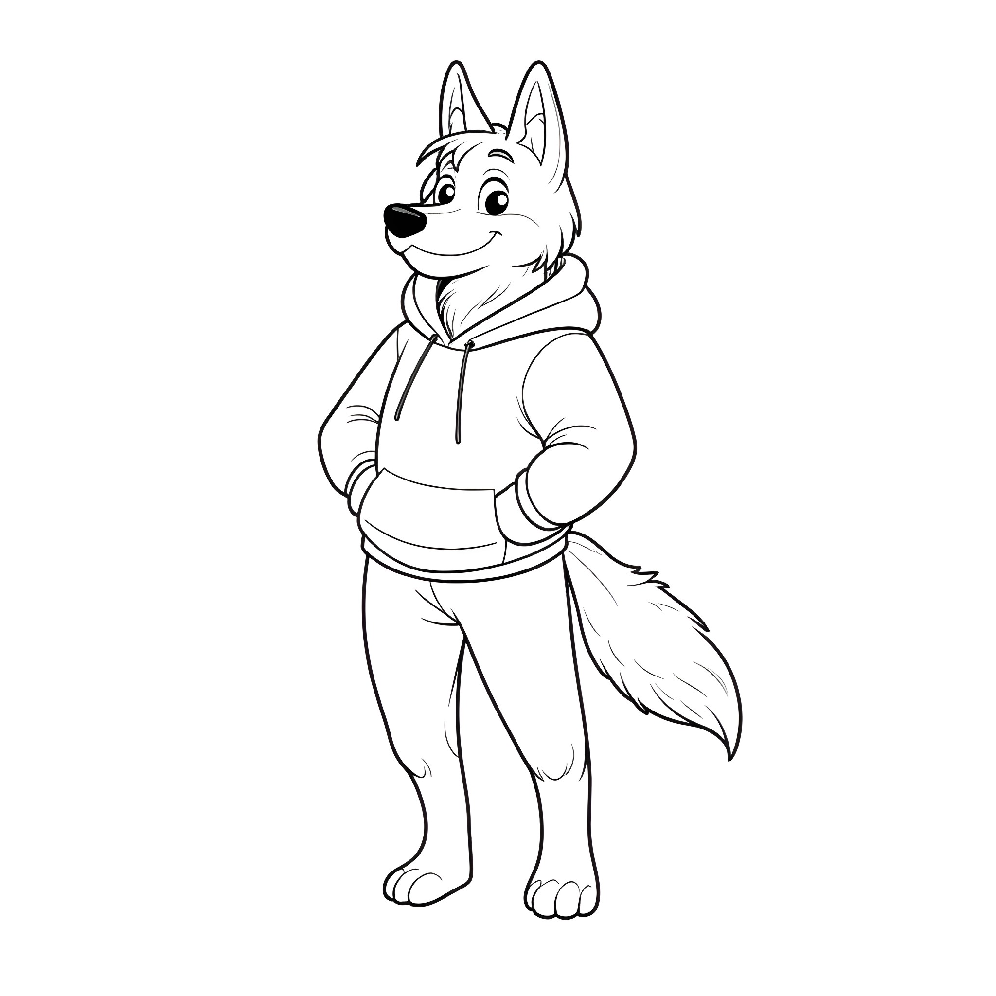 Wolf wearing a hoodie and smiling Coloring Page (free black-and-white line drawing printable PDF for all, from beginners to advanced learners, including children, teens, adults, and seniors)