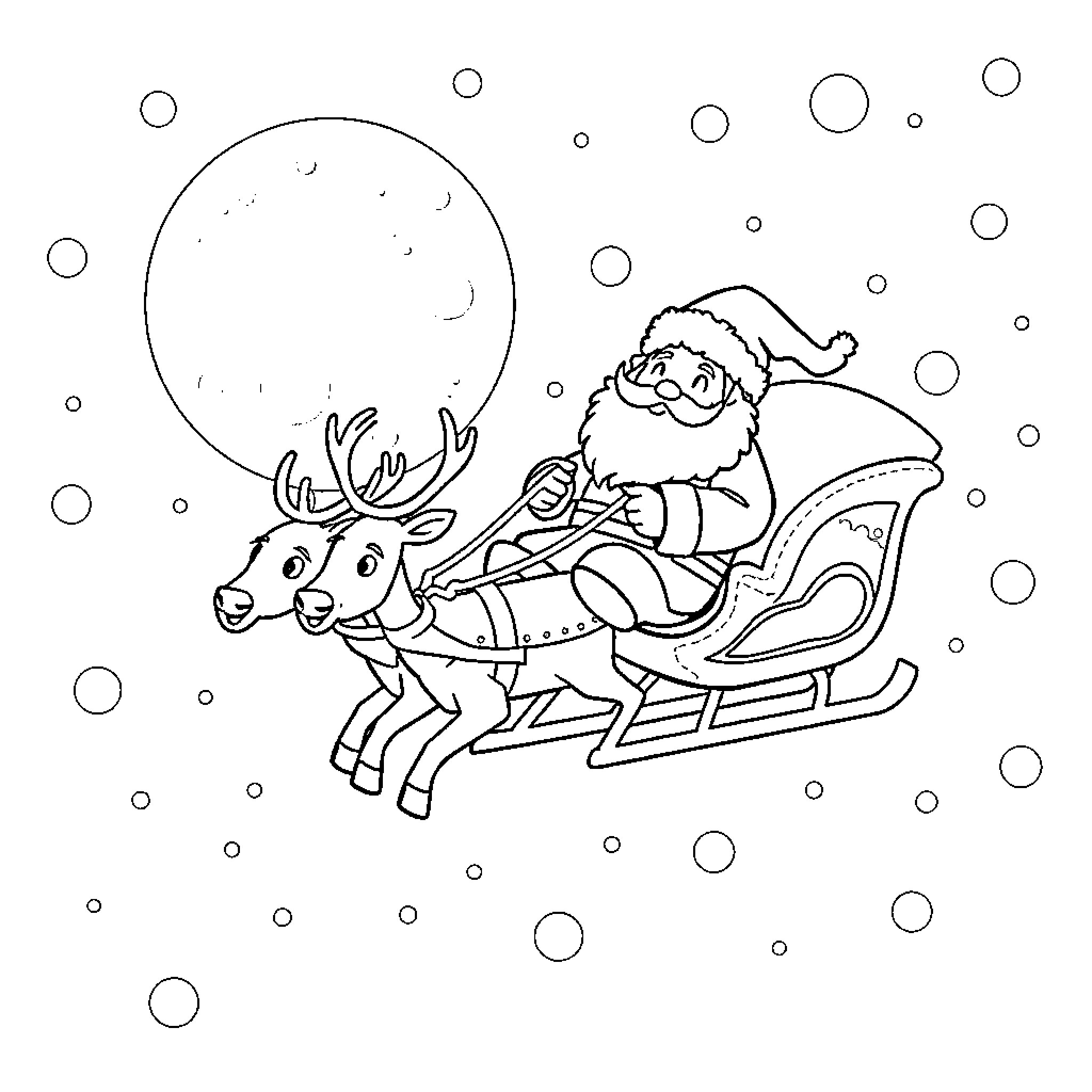 Santa Claus riding his sleigh on a snowy night Coloring Page (free black-and-white line drawing printable PDF for all, from beginners to advanced learners, including children, teens, adults, and seniors)