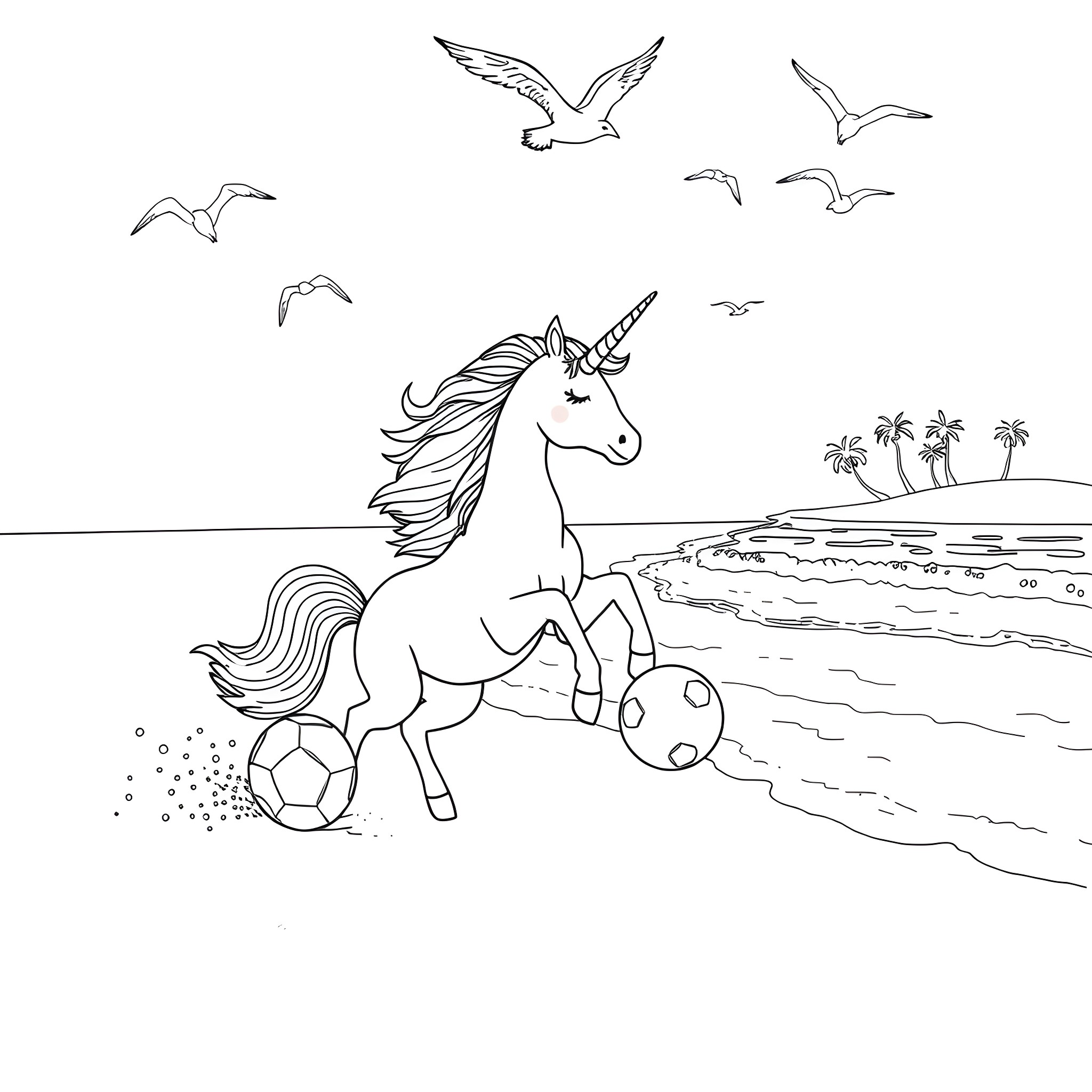 Unicorn playing with a soccer ball on the beach Coloring Page (free black-and-white line drawing printable PDF for all, from beginners to advanced learners, including children, teens, adults, and seniors)