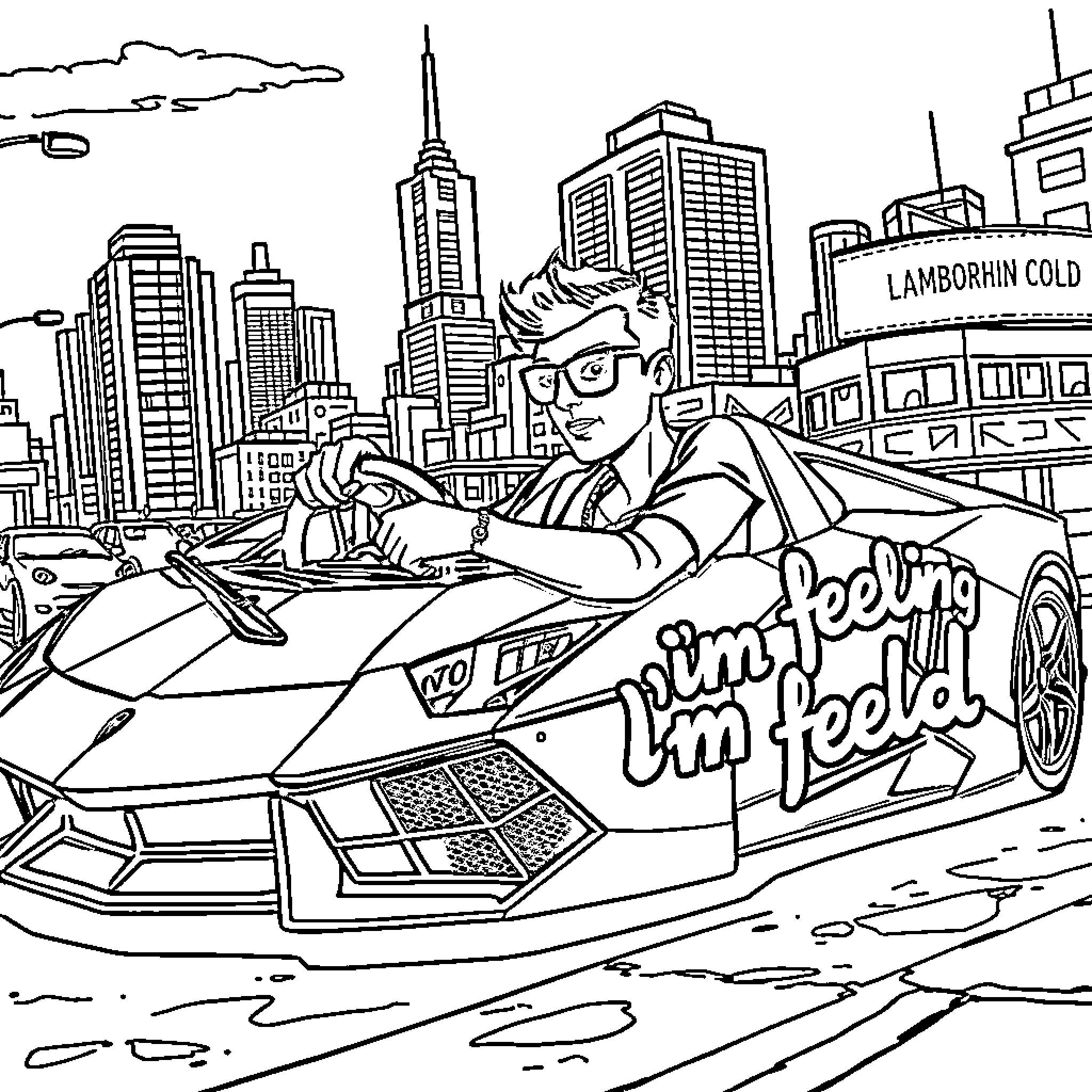 Lamborghini driver feeling the thrill in the city Coloring Page (free black-and-white line drawing printable PDF for all, from beginners to advanced learners, including children, teens, adults, and seniors)