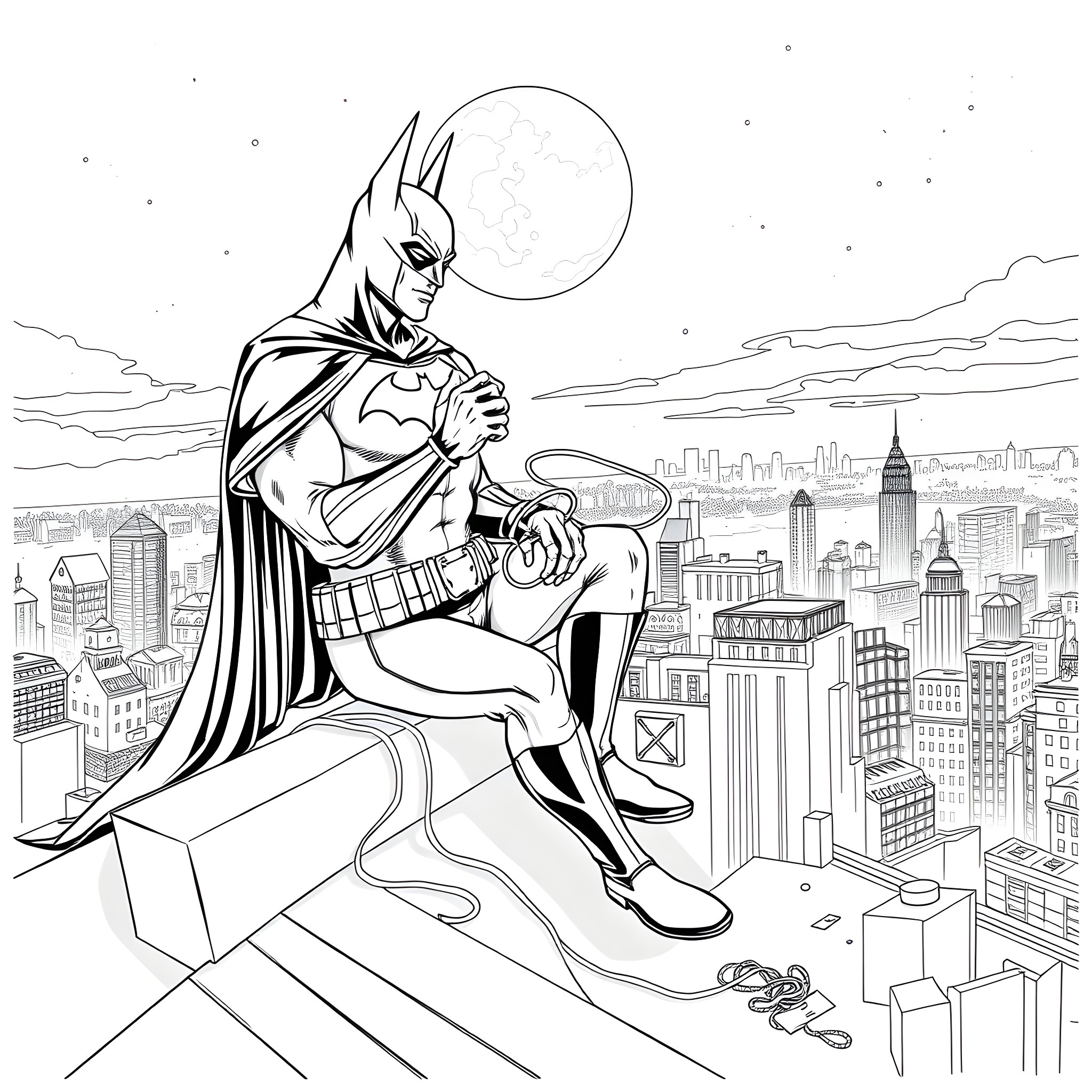 Batman's Vigilant Presence over the City Coloring Page (free black-and-white line drawing printable PDF for all, from beginners to advanced learners, including children, teens, adults, and seniors)
