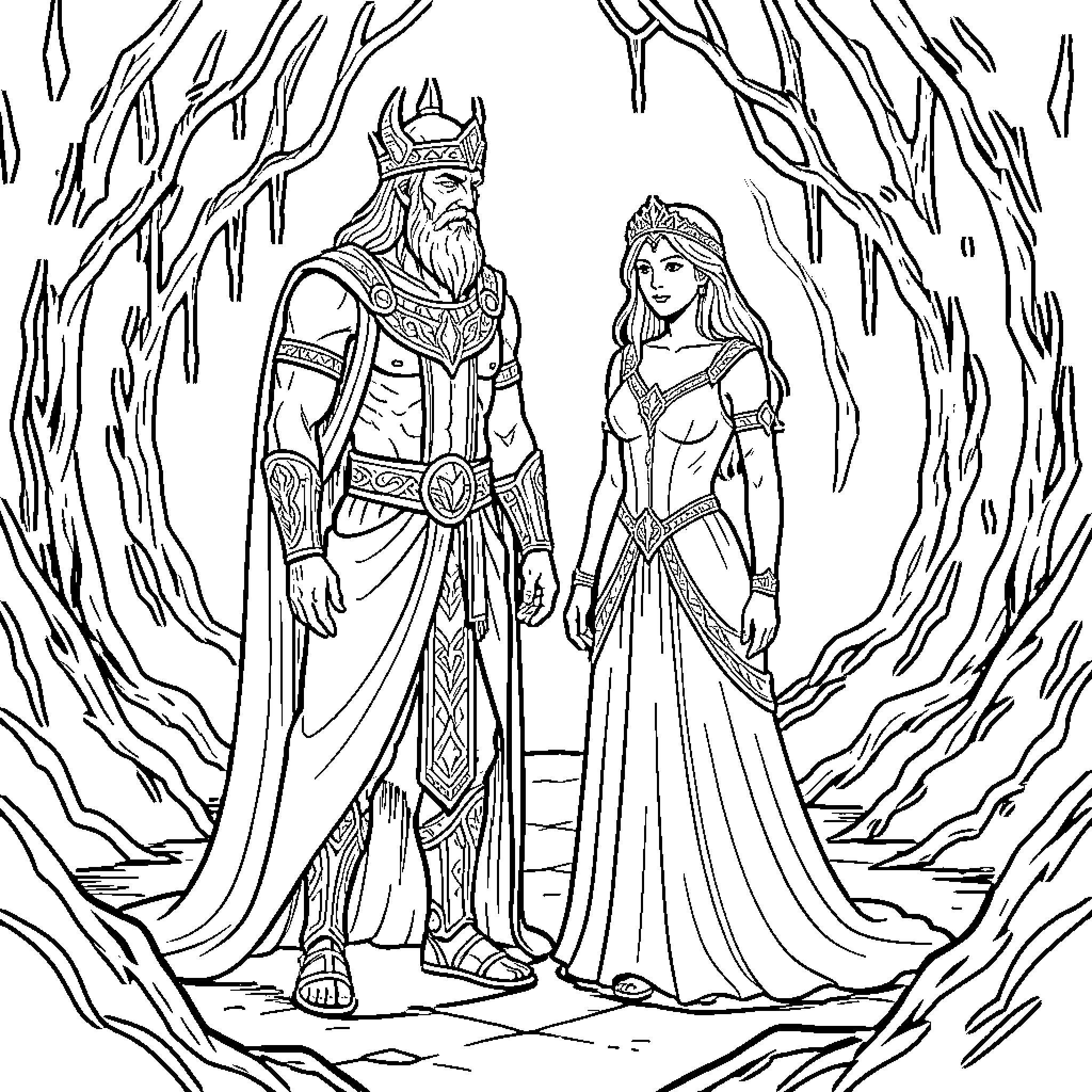 Hades and Persephone standing together in a mystical forest Coloring Page (free black-and-white line drawing printable PDF for all, from beginners to advanced learners, including children, teens, adults, and seniors)
