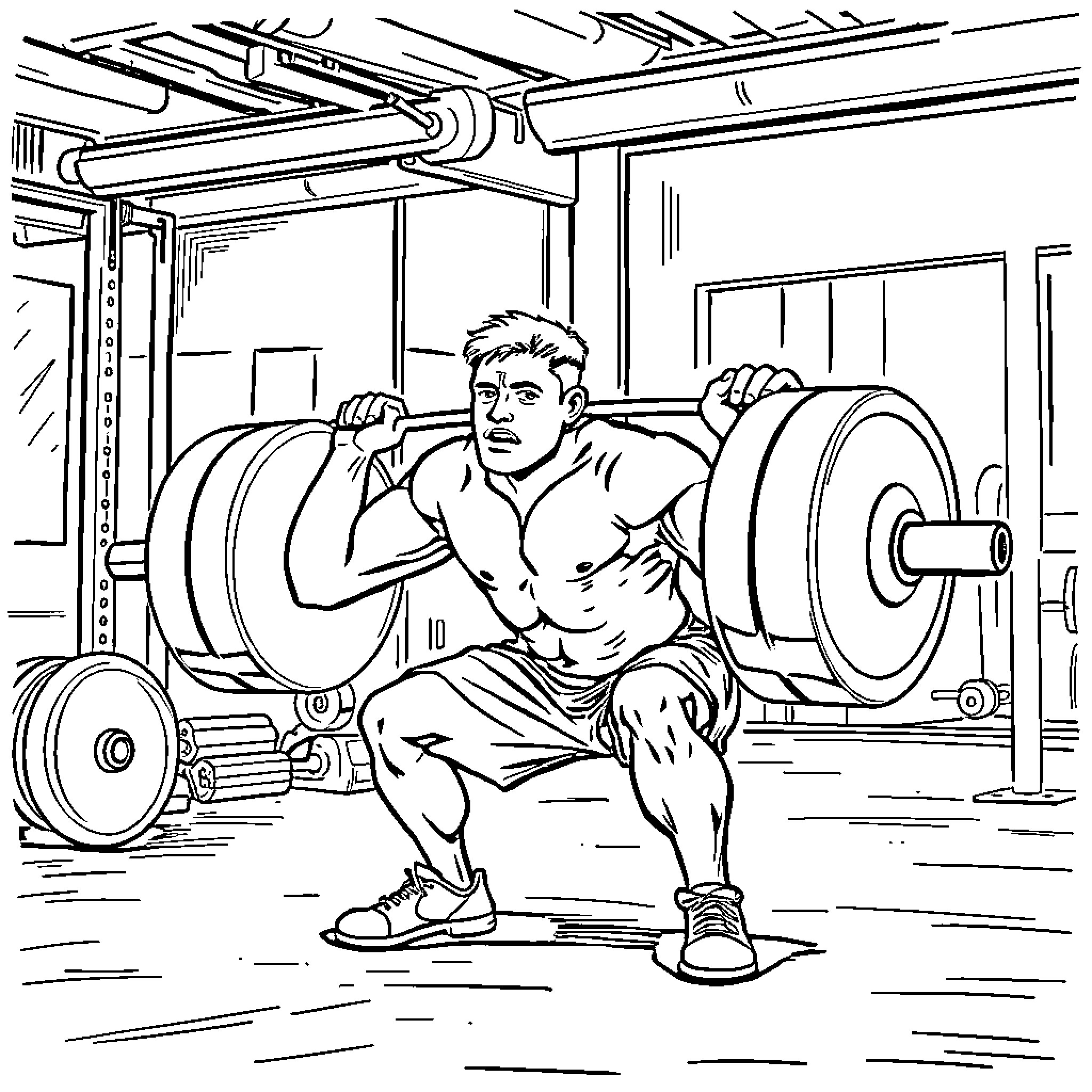 Squat Workout with Weights in the Gym Coloring Page (free black-and-white line drawing printable PDF for all, from beginners to advanced learners, including children, teens, adults, and seniors)