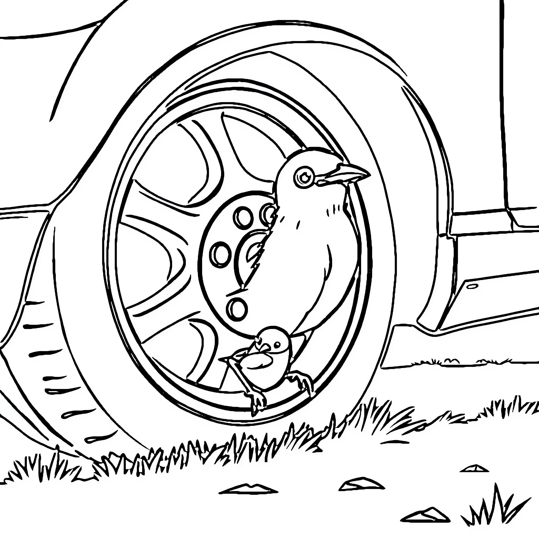 Bird hiding in car wheel Coloring Page (free black-and-white line drawing printable PDF for all, from beginners to advanced learners, including children, teens, adults, and seniors)