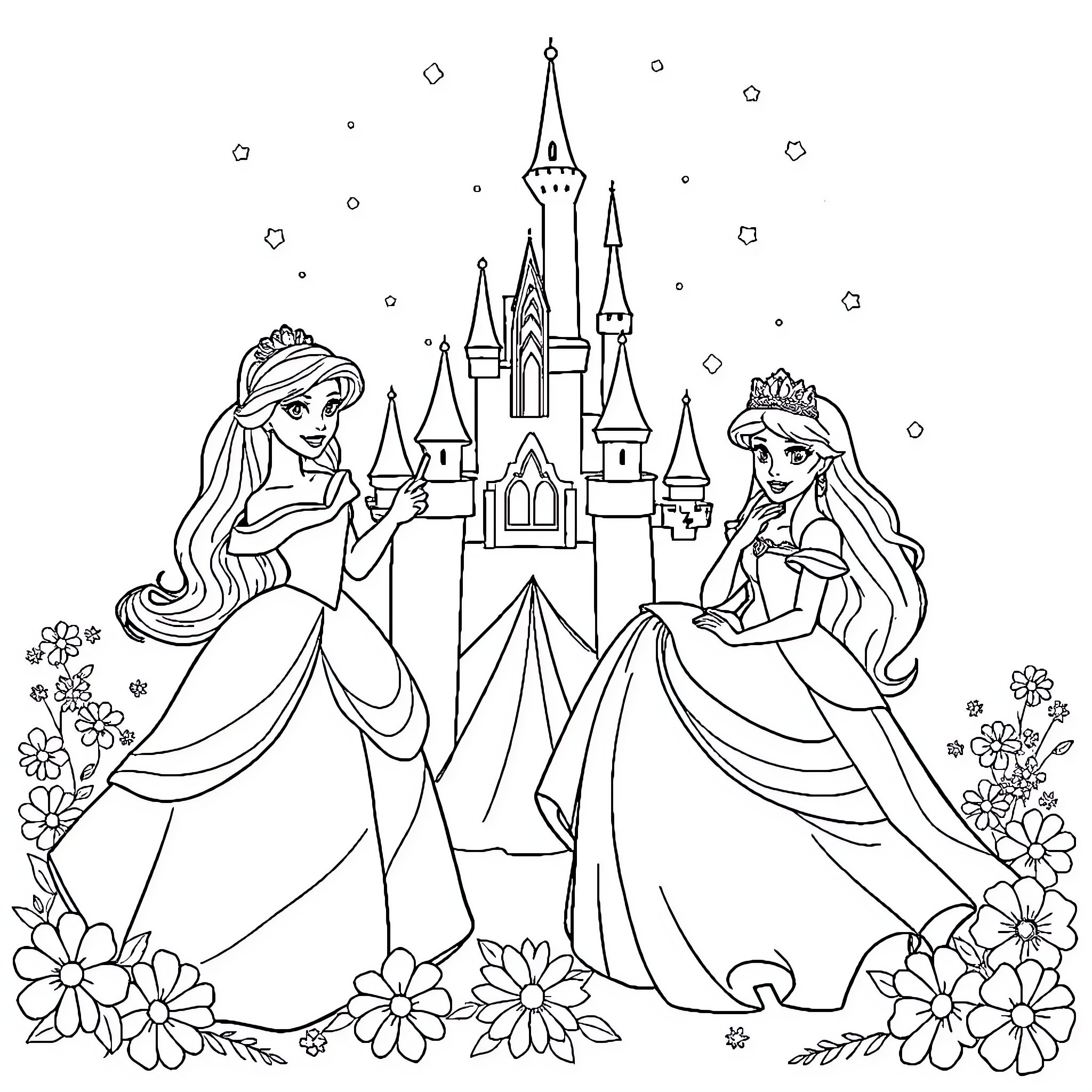 Disney Princess Fairy Tale Castle and Princesses Coloring Page (free black-and-white line drawing printable PDF for all, from beginners to advanced learners, including children, teens, adults, and seniors)