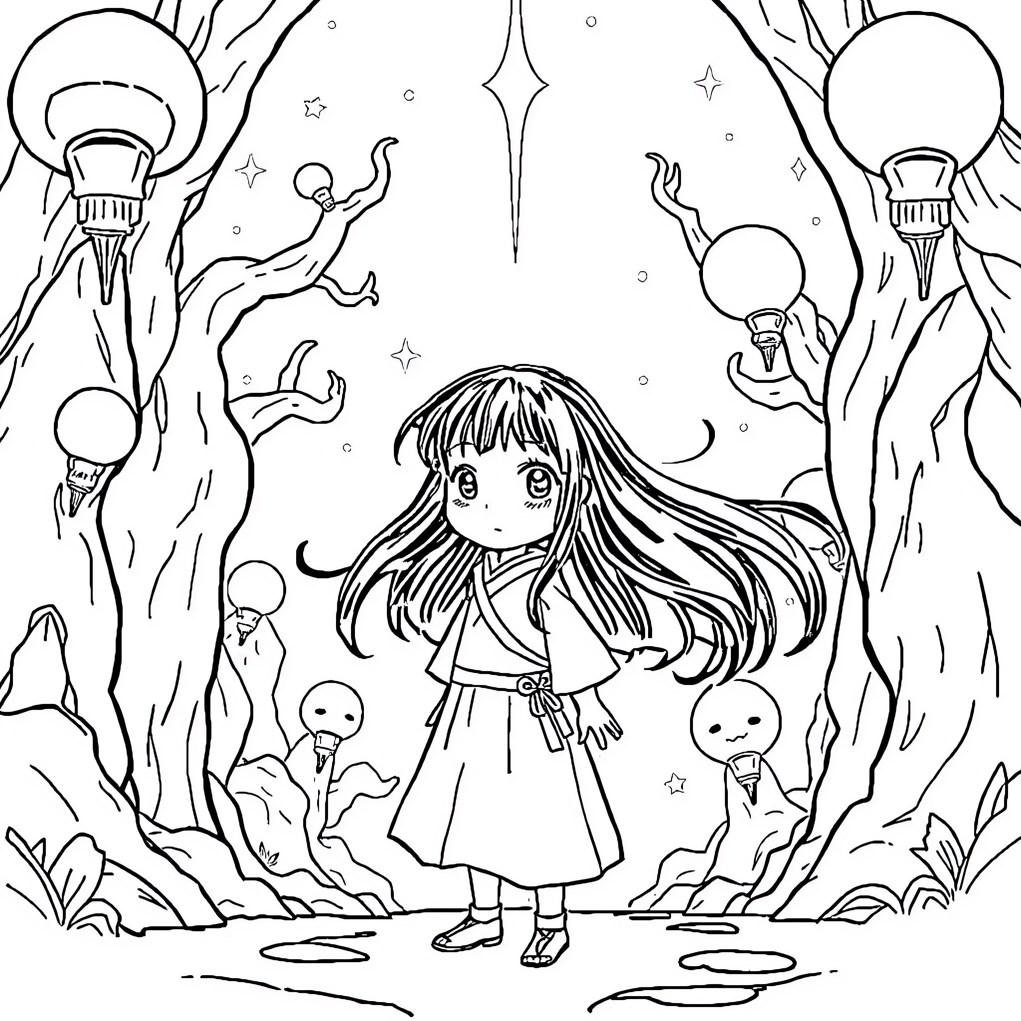 Chihiro's Fantastical Adventure in the Enchanted Forest Coloring Page (free black-and-white line drawing printable PDF for all, from beginners to advanced learners, including children, teens, adults, and seniors)