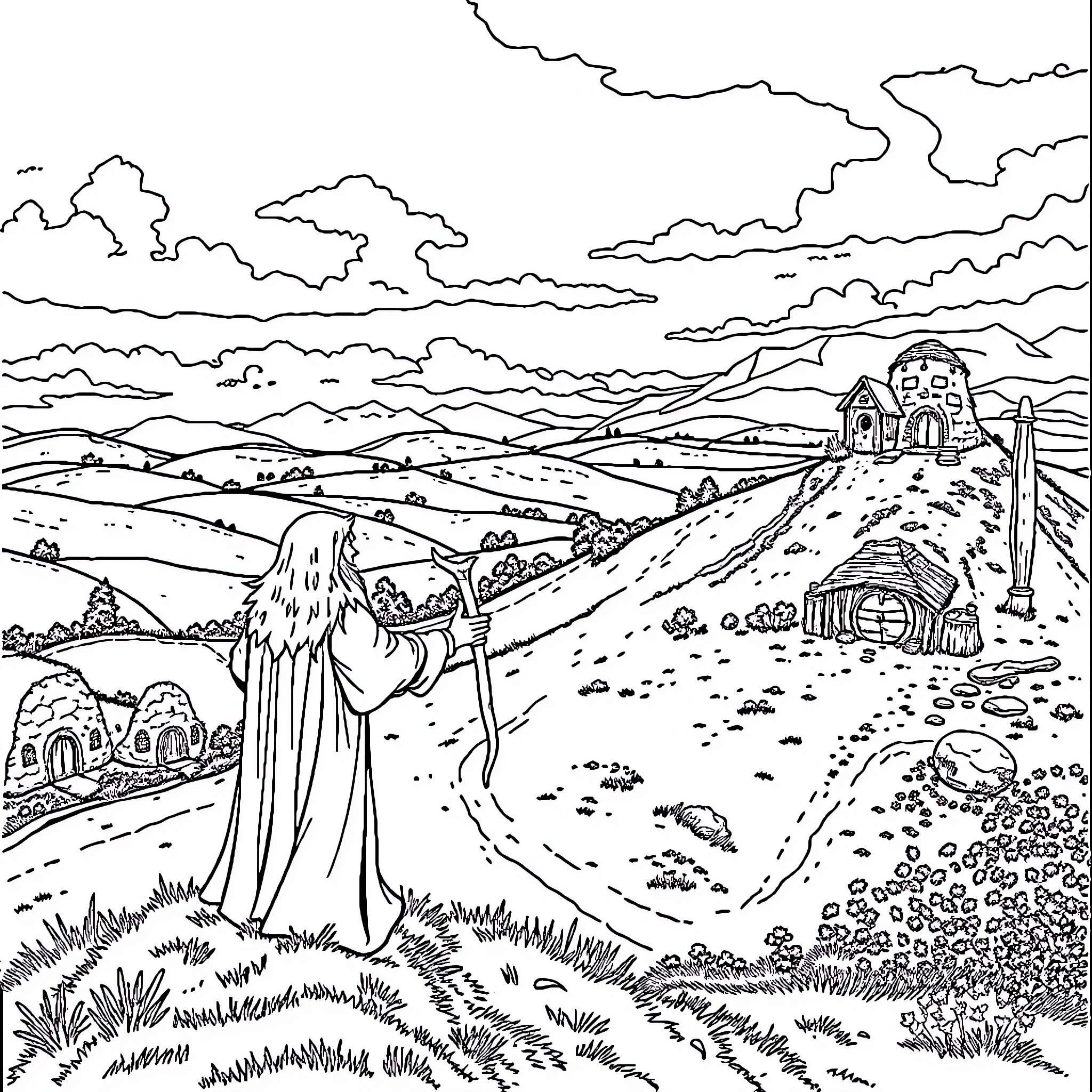 Gandalf surveying the enchanted landscape Coloring Page (free black-and-white line drawing printable PDF for all, from beginners to advanced learners, including children, teens, adults, and seniors)