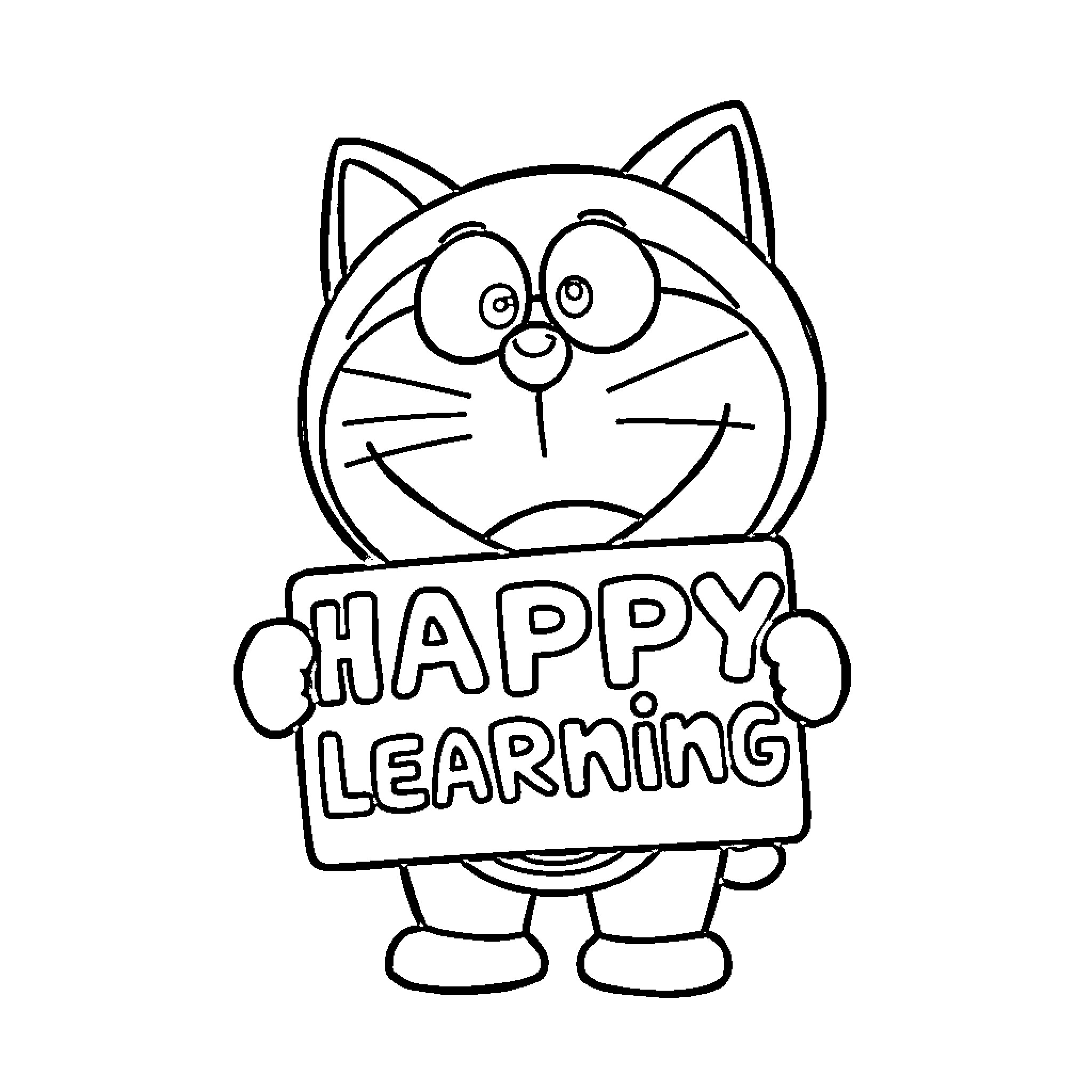 Doraemon happily promoting learning Coloring Page (free black-and-white line drawing printable PDF for all, from beginners to advanced learners, including children, teens, adults, and seniors)