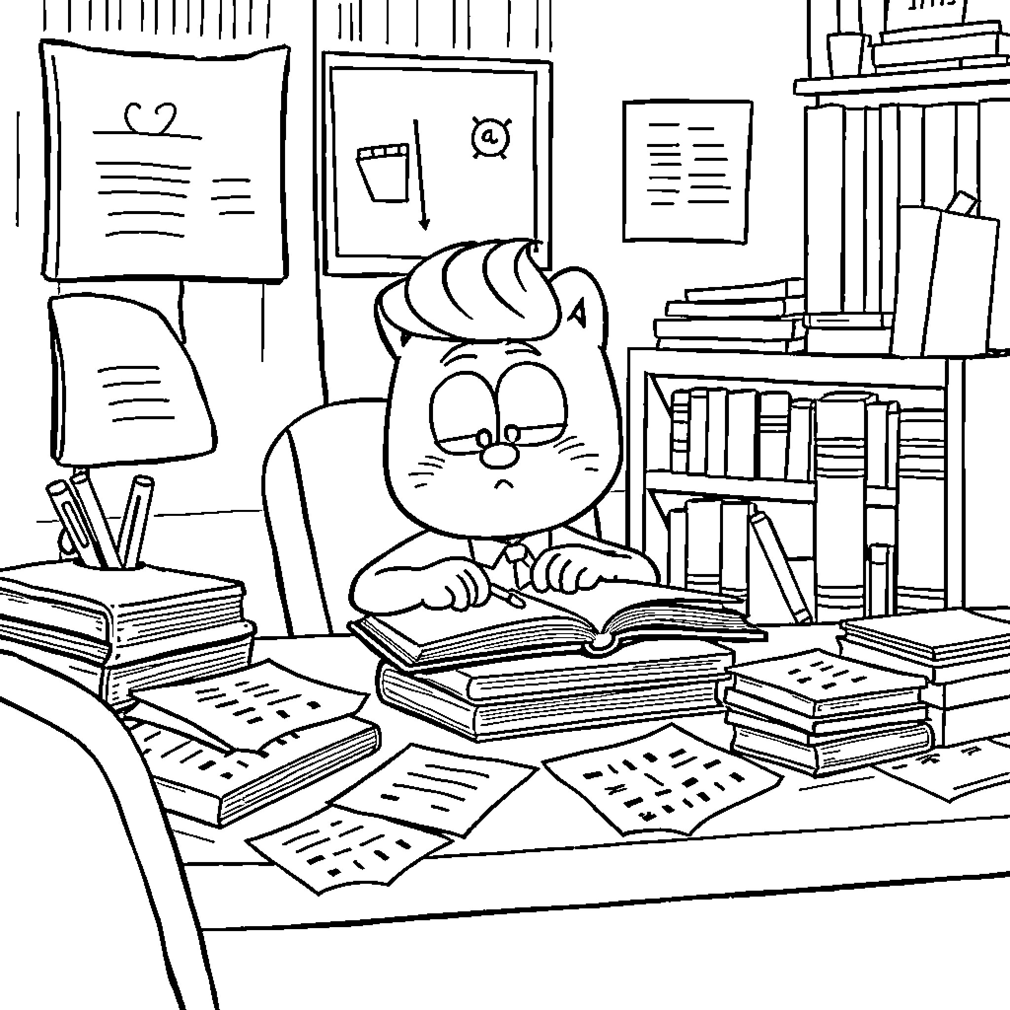 Gumball studying diligently in his cluttered room Coloring Page (free black-and-white line drawing printable PDF for all, from beginners to advanced learners, including children, teens, adults, and seniors)
