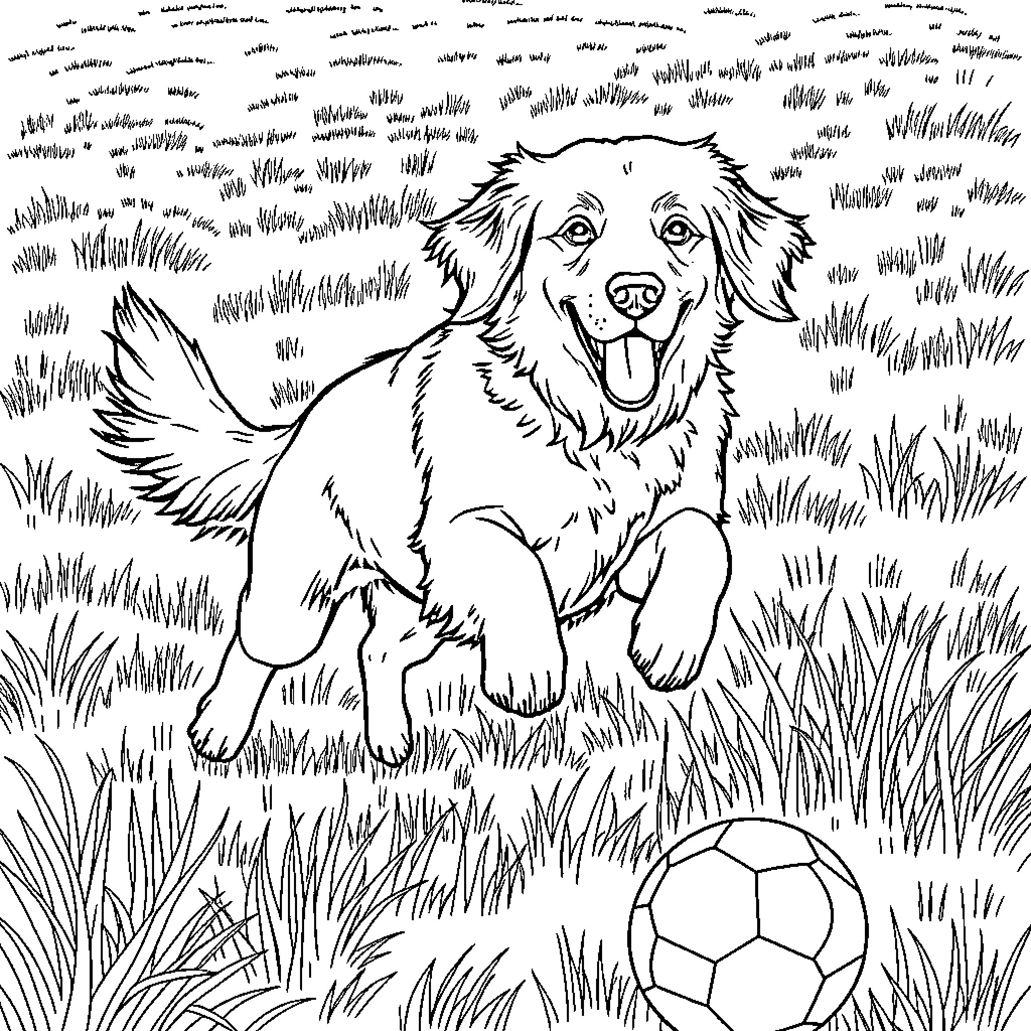 Golden Retriever playing joyfully with soccer ball in the grass Coloring Page (free black-and-white line drawing printable PDF for all, from beginners to advanced learners, including children, teens, adults, and seniors)