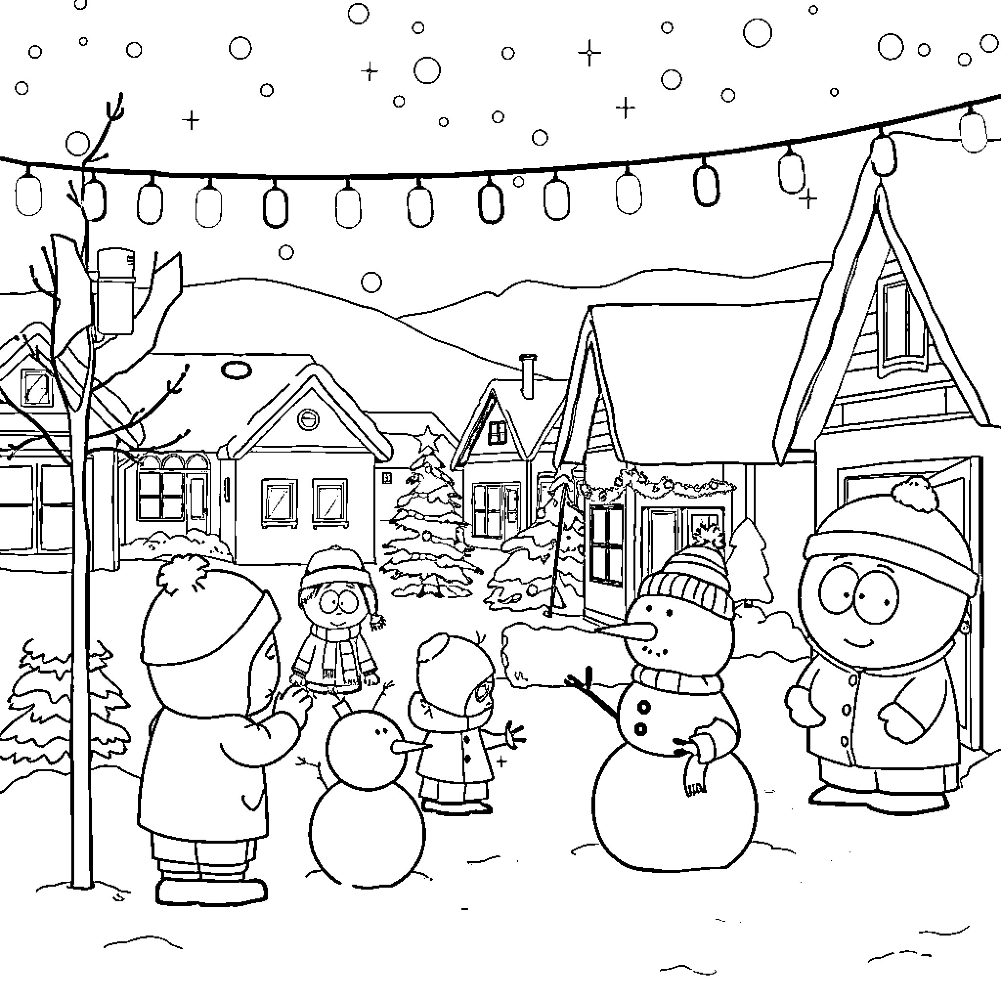 South Park Characters in Wintery Scene Coloring Page (free black-and-white line drawing printable PDF for all, from beginners to advanced learners, including children, teens, adults, and seniors)