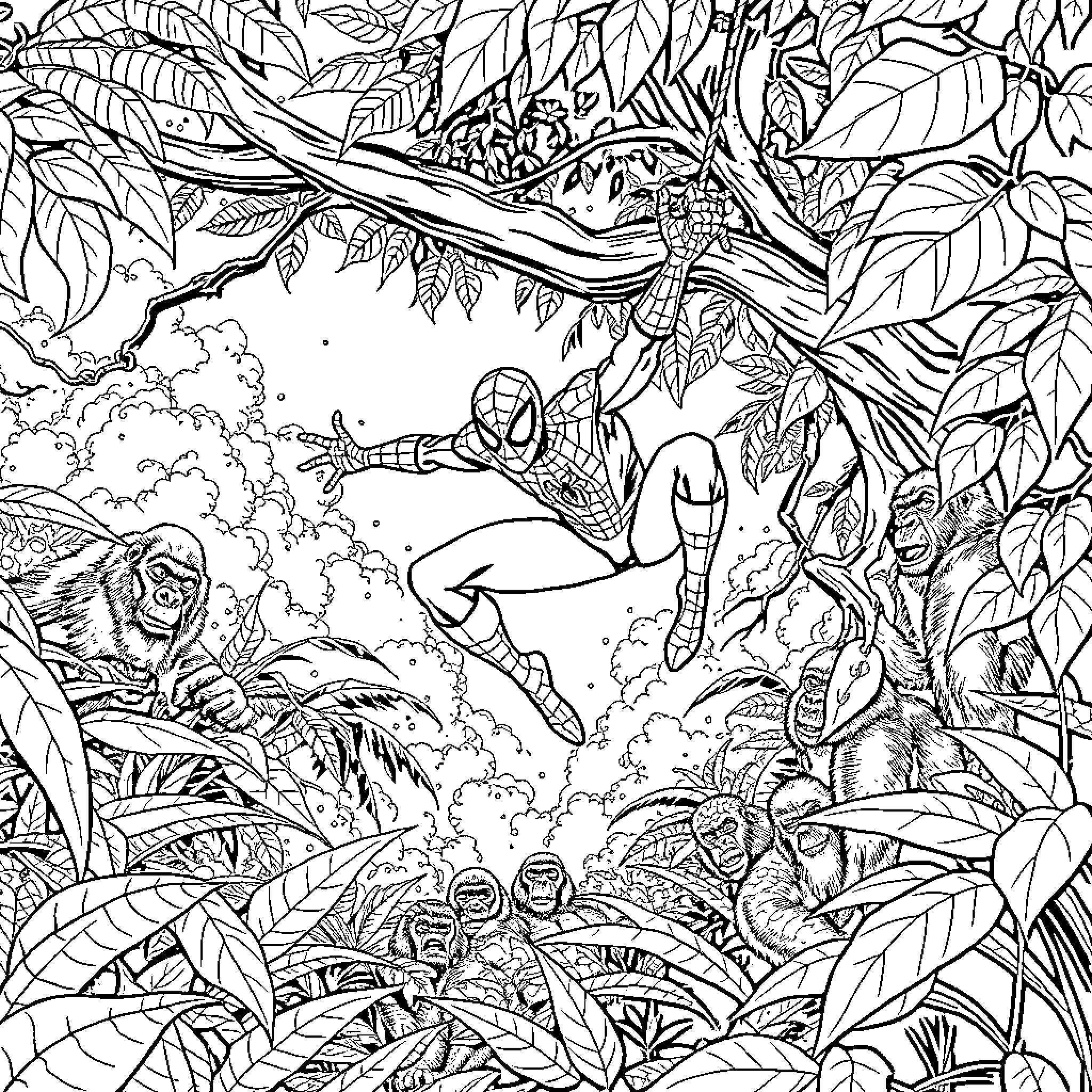 Spider-Man swinging through the lush jungle Coloring Page (free black-and-white line drawing printable PDF for all, from beginners to advanced learners, including children, teens, adults, and seniors)