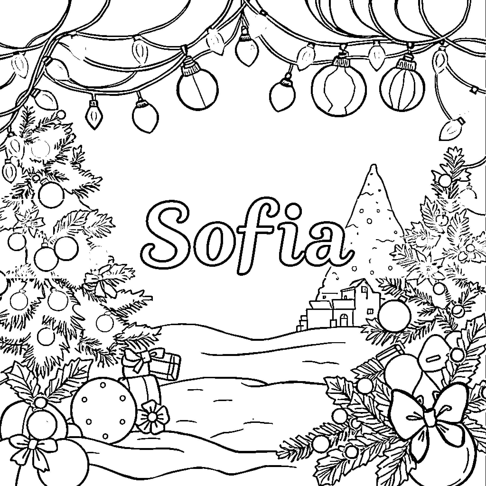 Christmas themed coloring page with ornaments and landscape Coloring Page (free black-and-white line drawing printable PDF for all, from beginners to advanced learners, including children, teens, adults, and seniors)