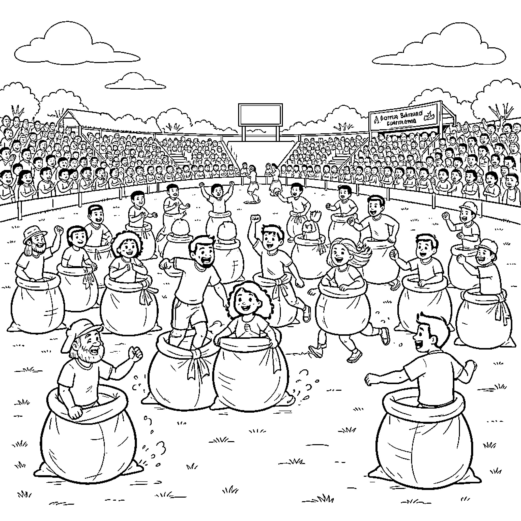 Sack Race with excited children playing in a field Coloring Page (free black-and-white line drawing printable PDF for all, from beginners to advanced learners, including children, teens, adults, and seniors)