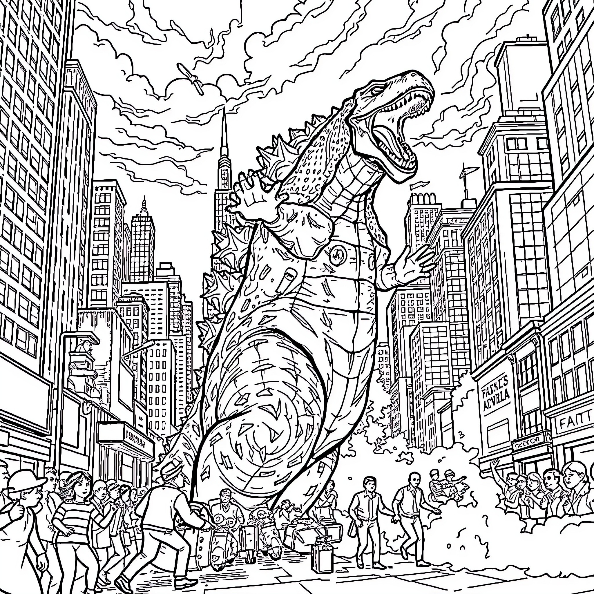 Godzilla Rampages Through Vibrant City Coloring Page (free black-and-white line drawing printable PDF for all, from beginners to advanced learners, including children, teens, adults, and seniors)